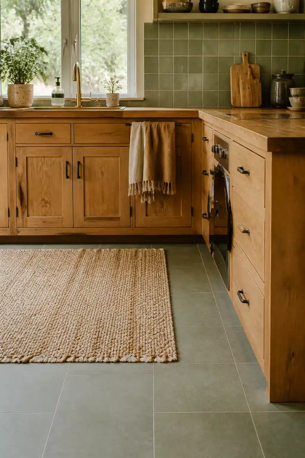 Matte sage green kitchen tiles paired with warm wood cabinets, brass faucet, and a jute rug on gray tile floor.