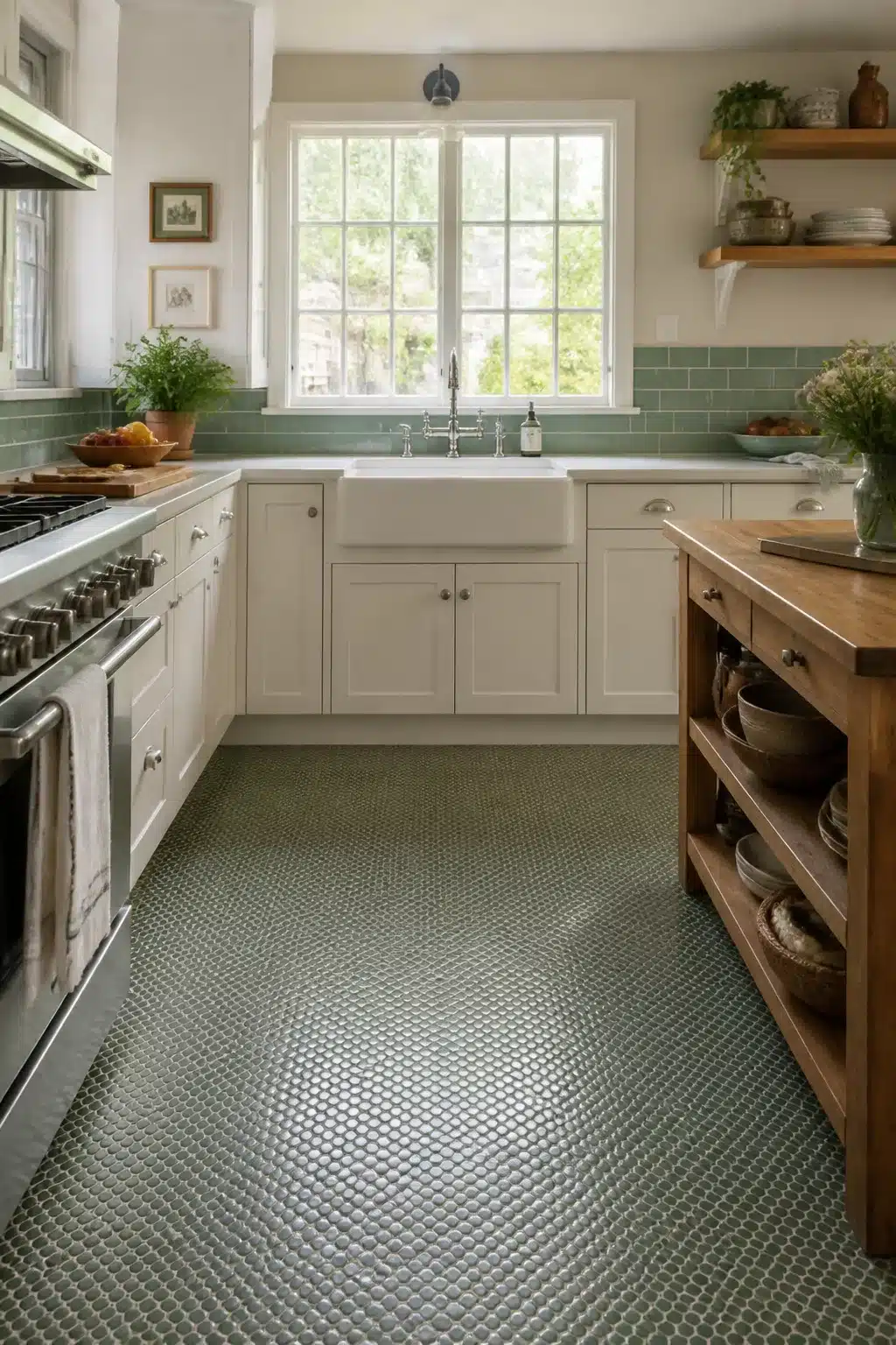 Sage green penny tile kitchen floor with white farmhouse sink and matching sage green subway tile backsplash
