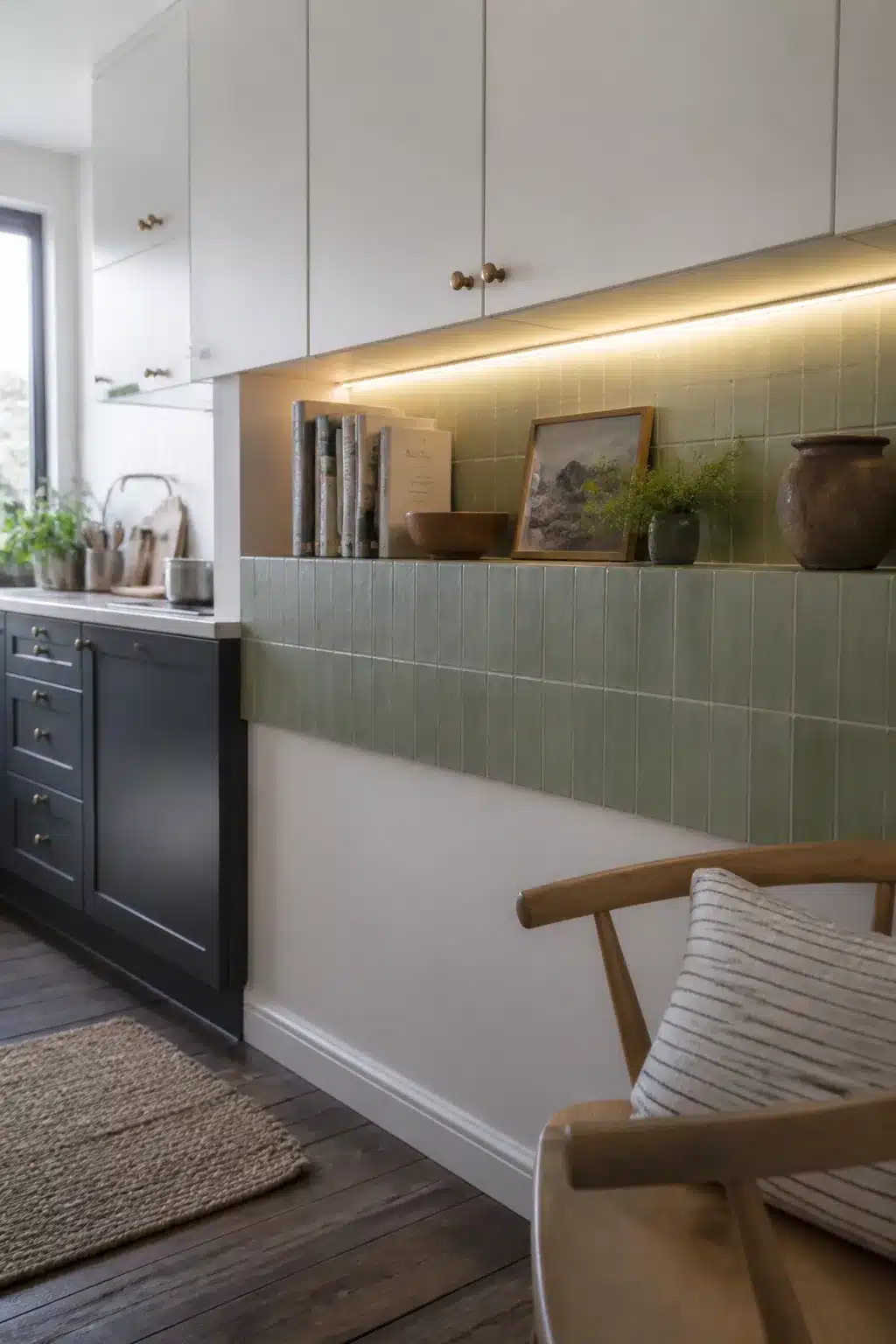 Sage green kitchen tiles used as a display ledge with two-tone navy and white cabinets and brass hardware