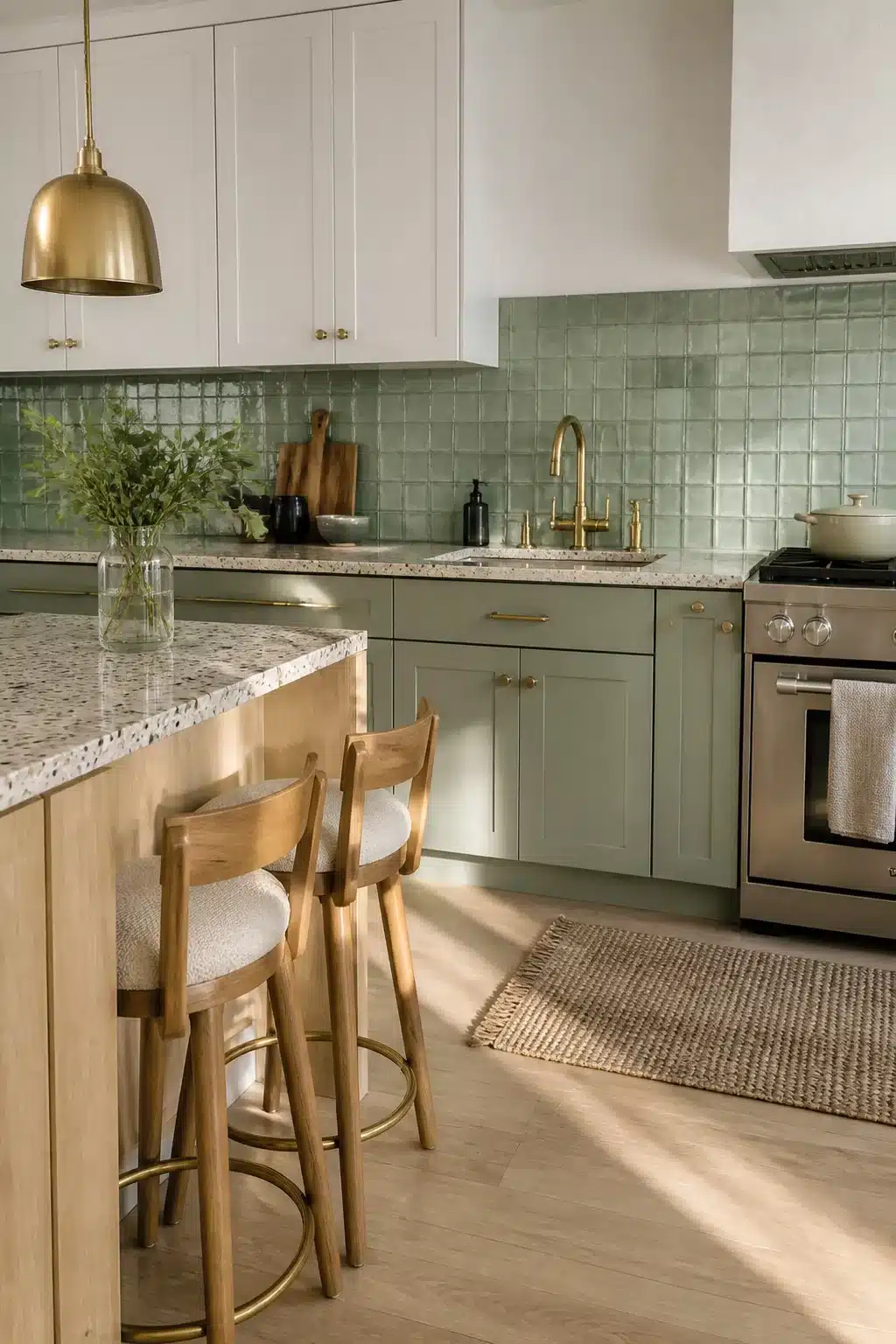Sage green kitchen tiles with terrazzo countertop, brass hardware, and two-tone shaker cabinets