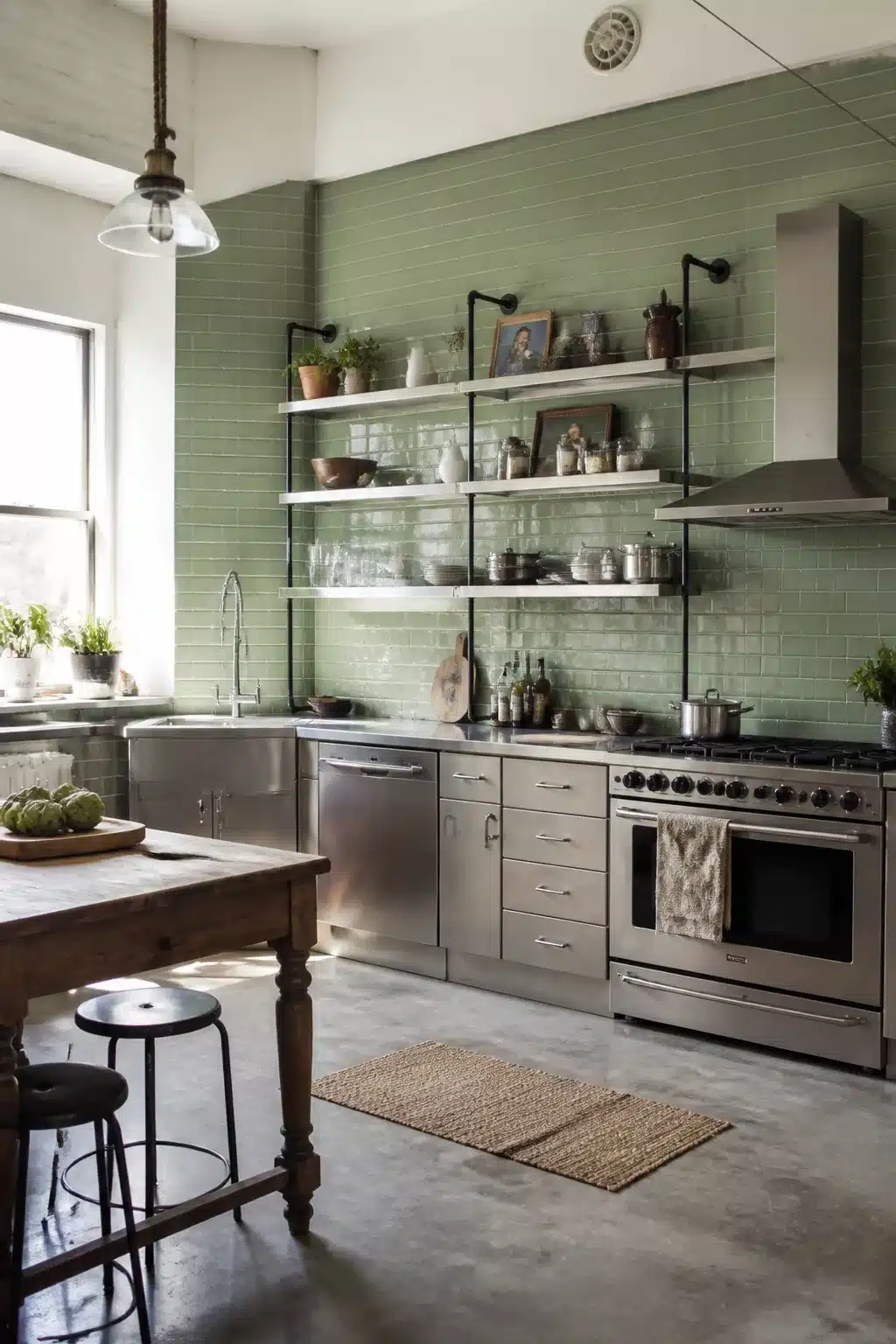 Industrial kitchen with sage green metro tiles, stainless steel cabinets, black pipe shelving, and concrete floors