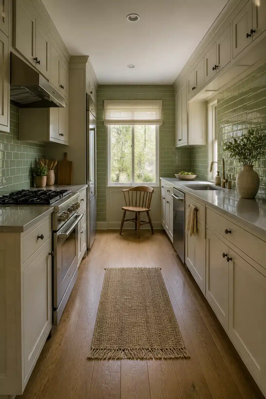 Sage green kitchen tiles covering the backsplash of a galley kitchen with cream shaker cabinets and a jute runner