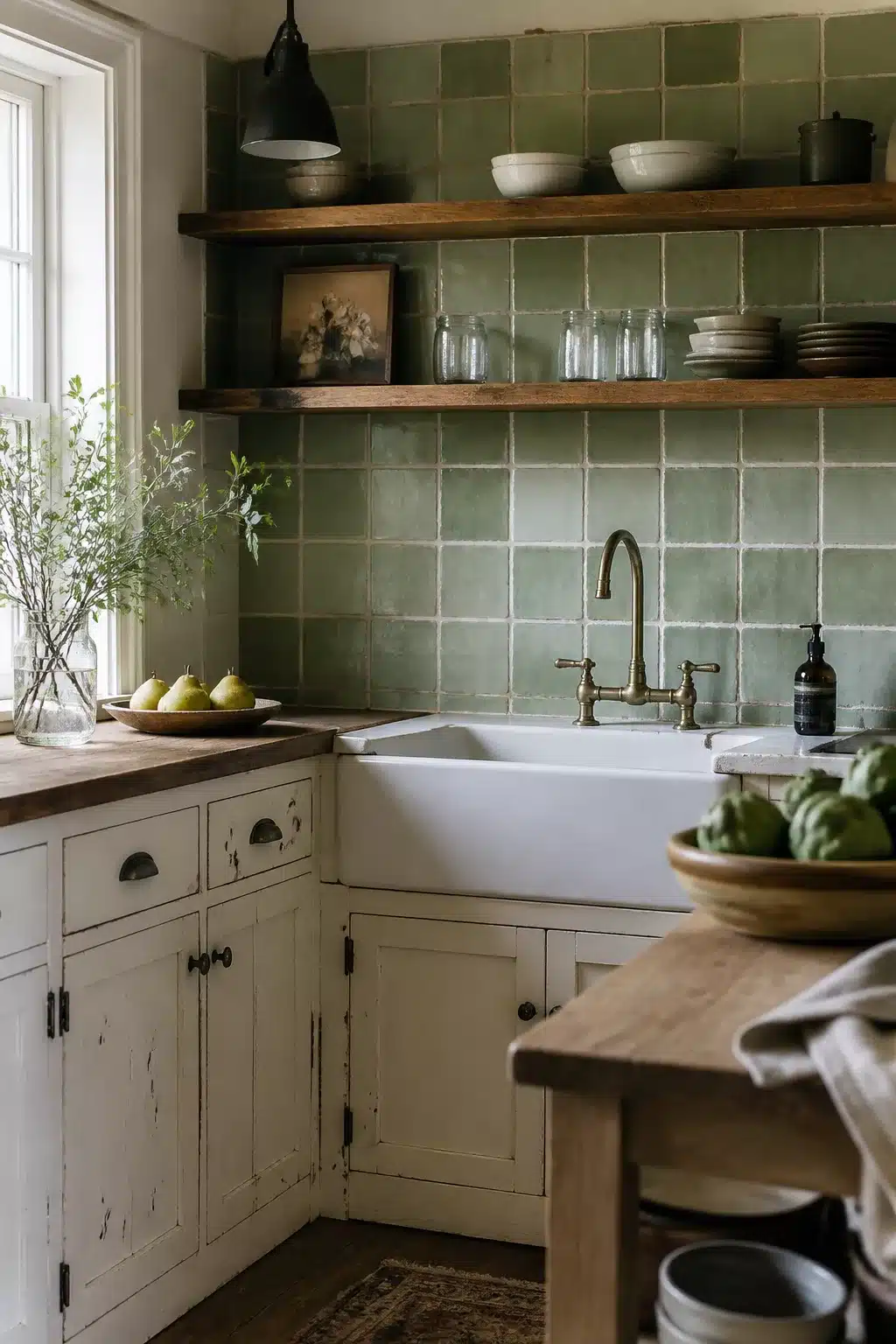 Rustic kitchen with handmade sage green square tiles, farmhouse sink, brass faucet, and distressed white cabinets
