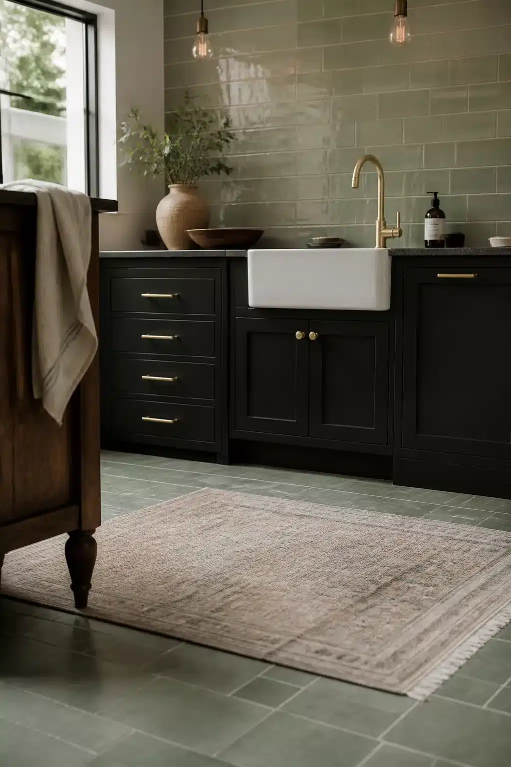 Sage green kitchen tiles with black cabinets, brass pulls, and a white farmhouse sink