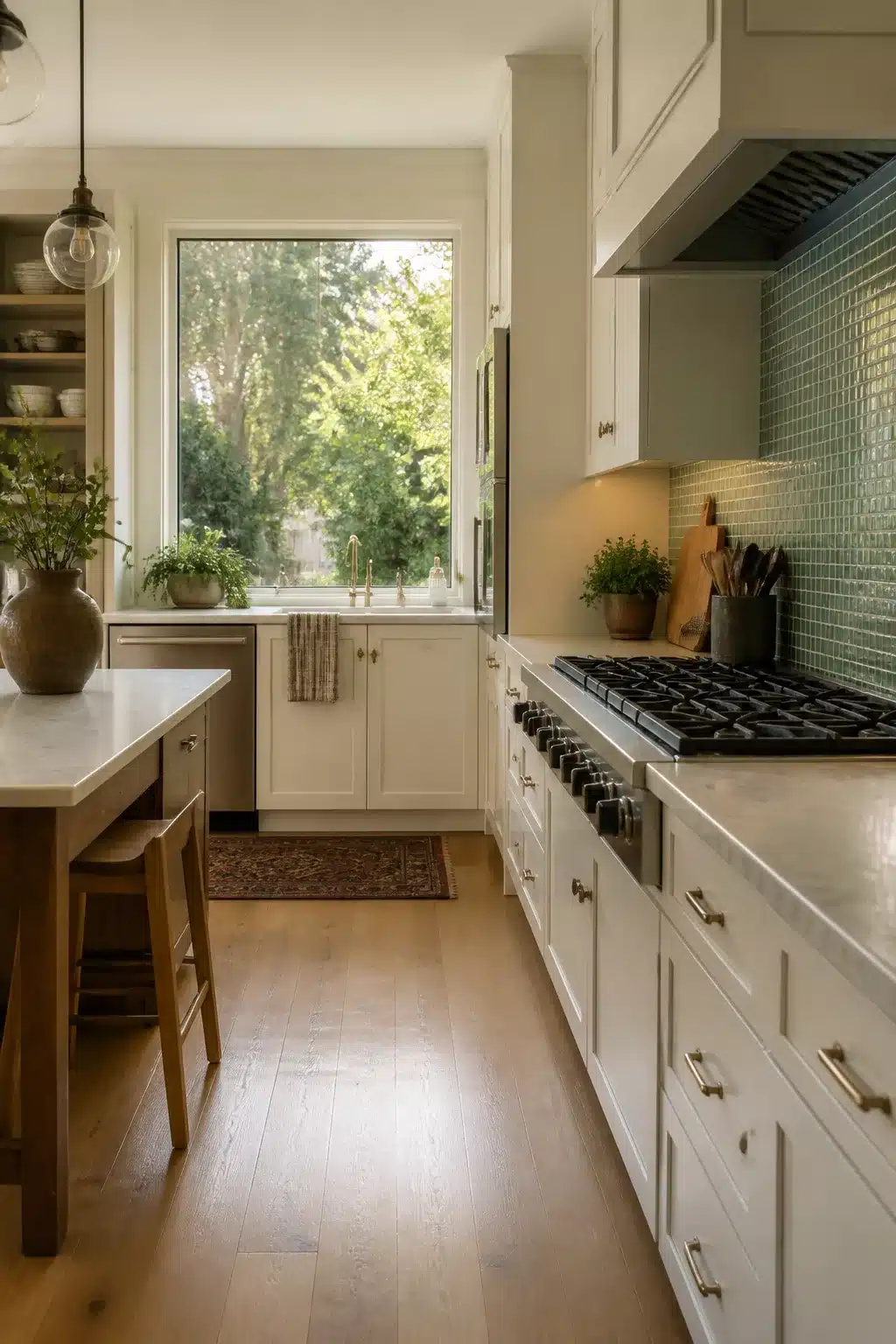 Sage green mosaic kitchen tiles behind a gas range with white shaker cabinets and brass hardware