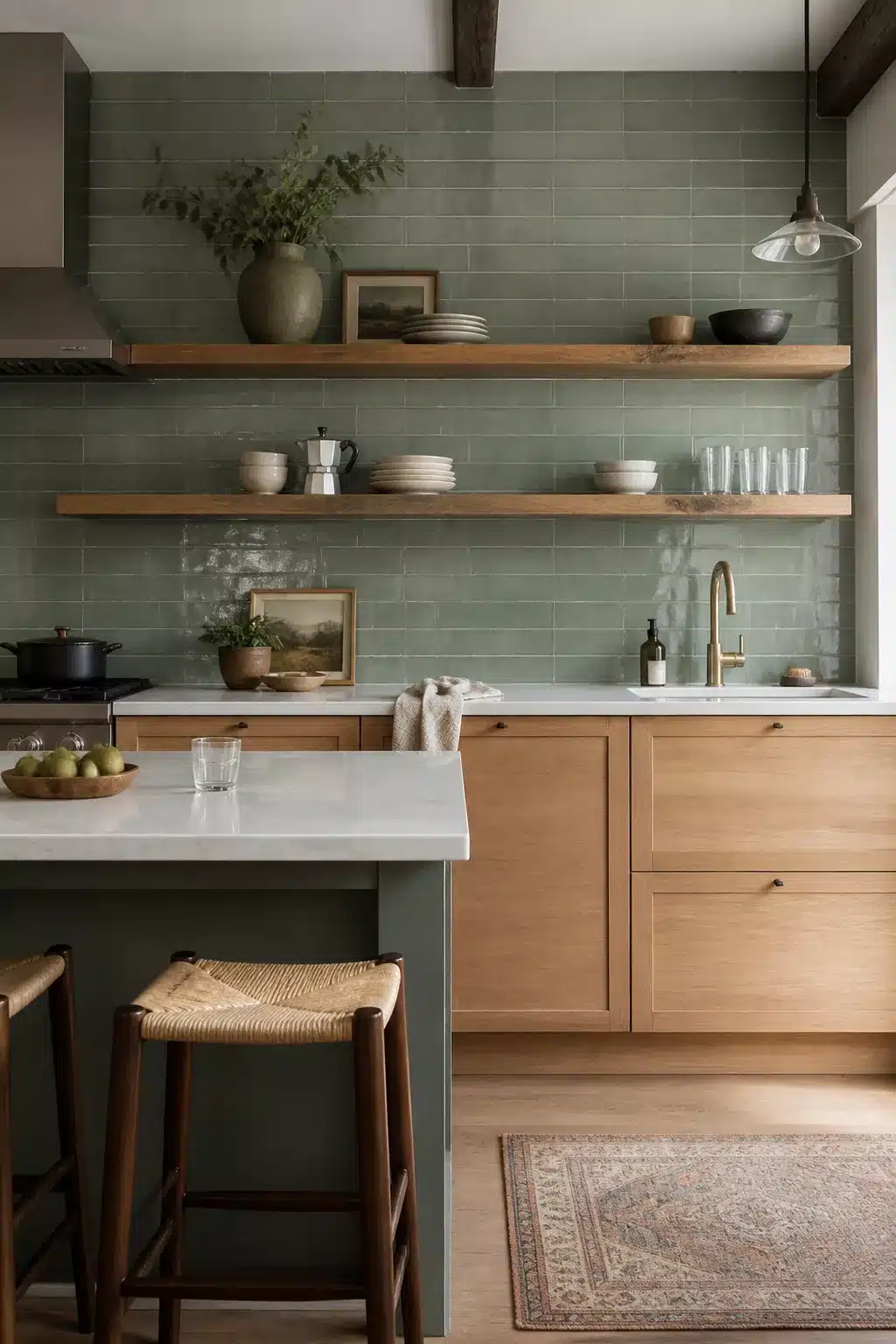 Sage green kitchen tiles with warm oak cabinets, open wood shelves, and a marble island countertop