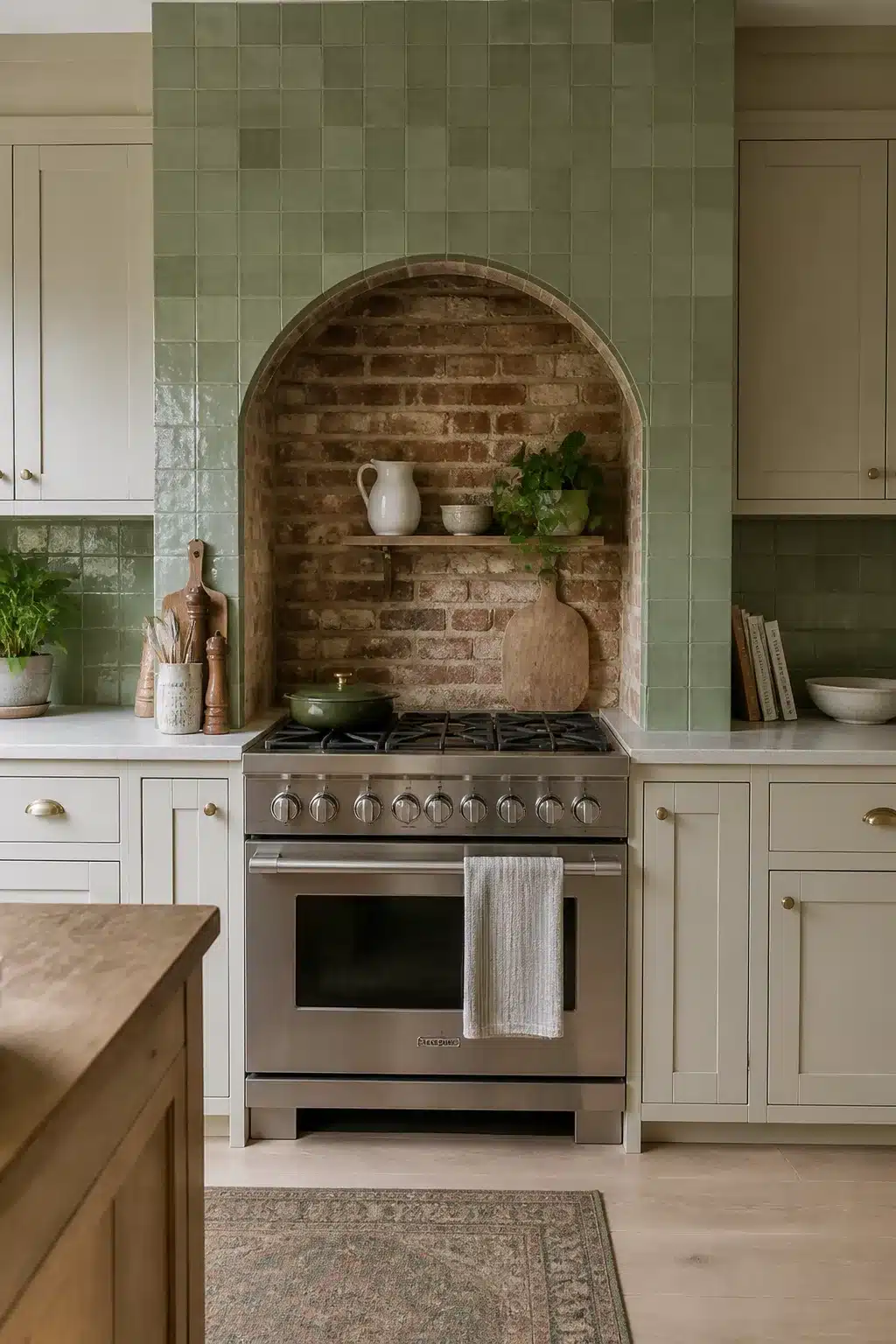 Sage green kitchen tiles with exposed brick arched alcove behind stainless range and cream shaker cabinets
