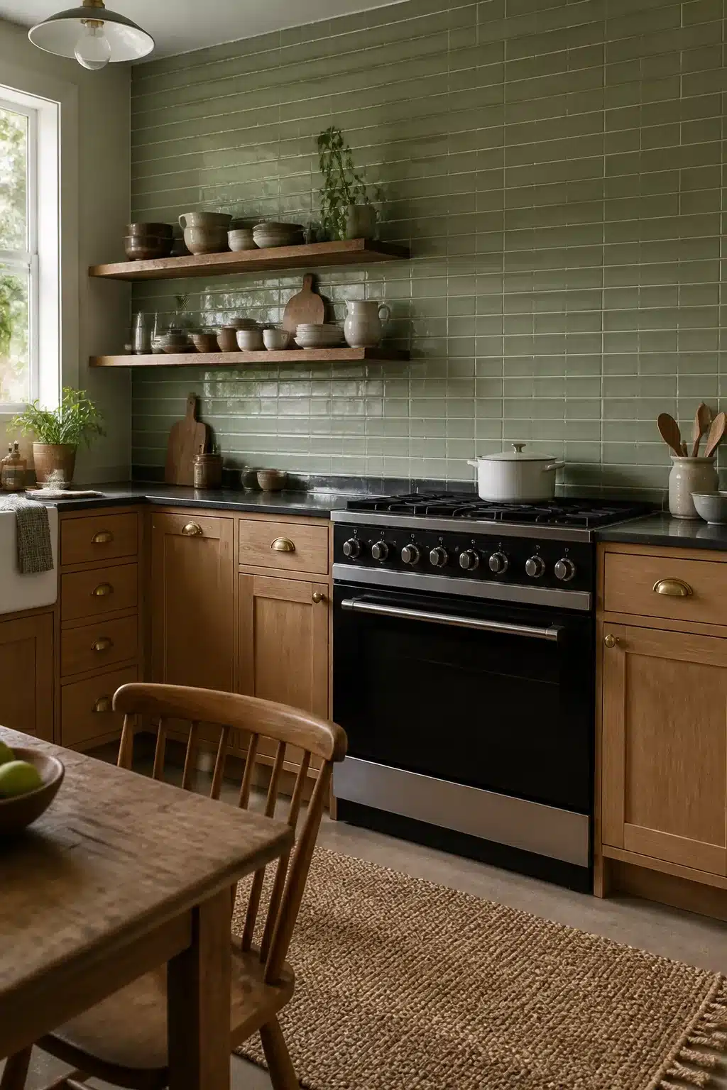 Sage green stacked kitchen tiles floor to ceiling with oak cabinets, brass hardware, and open wood shelving