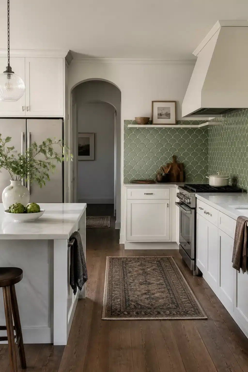 Sage green fish-scale kitchen tiles on backsplash with white shaker cabinets and marble island