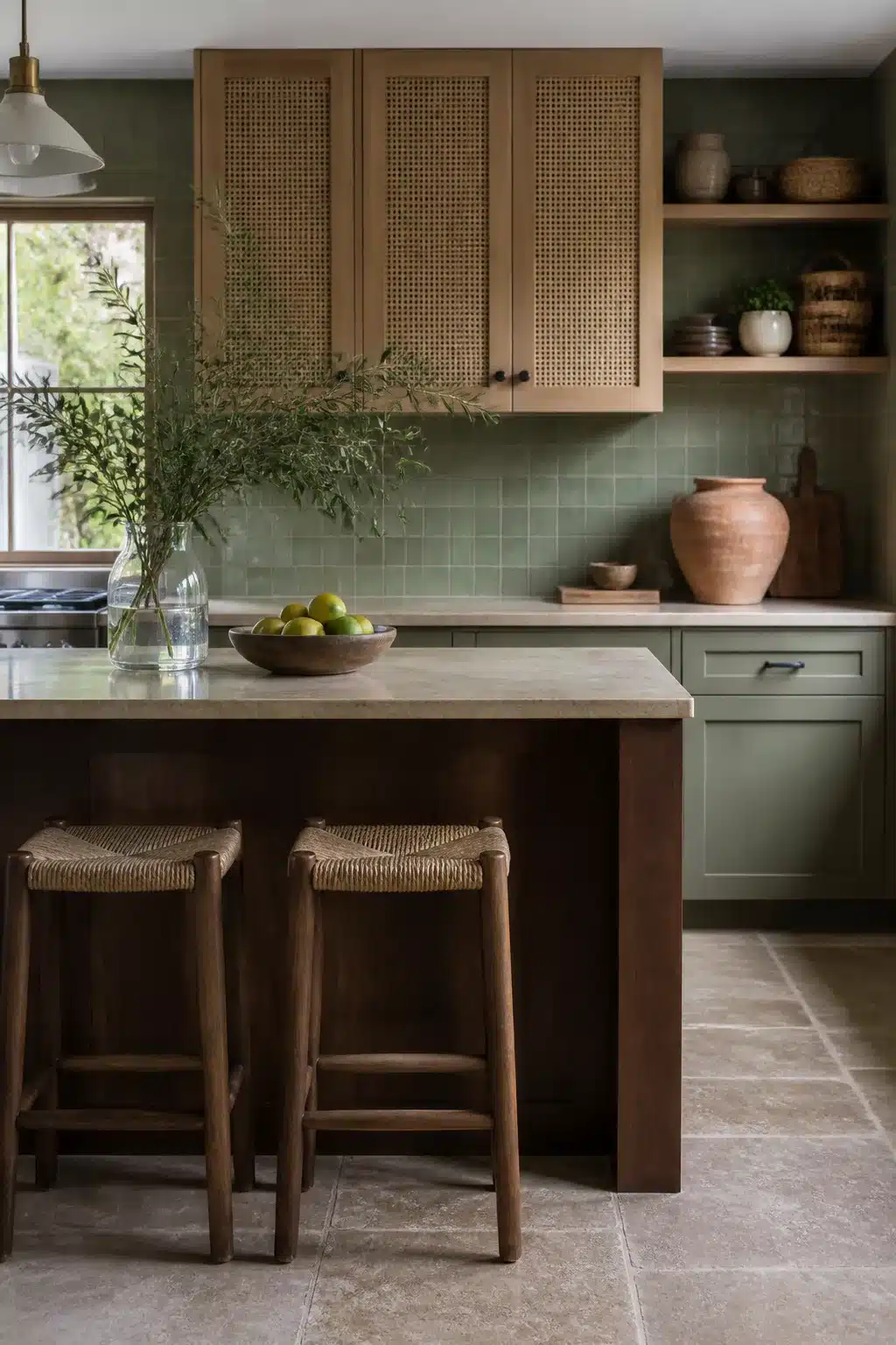 Sage green kitchen tiles paired with rattan cabinet fronts, dark wood island, and woven bar stools