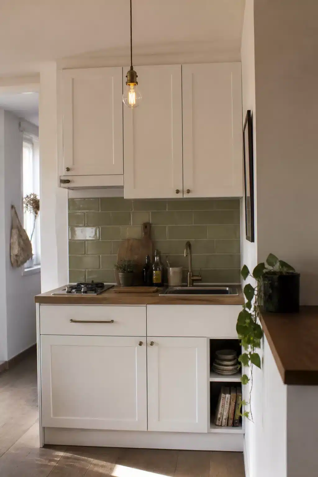 Sage green kitchen tiles with wood countertop, white shaker cabinets and Edison pendant in a small kitchen