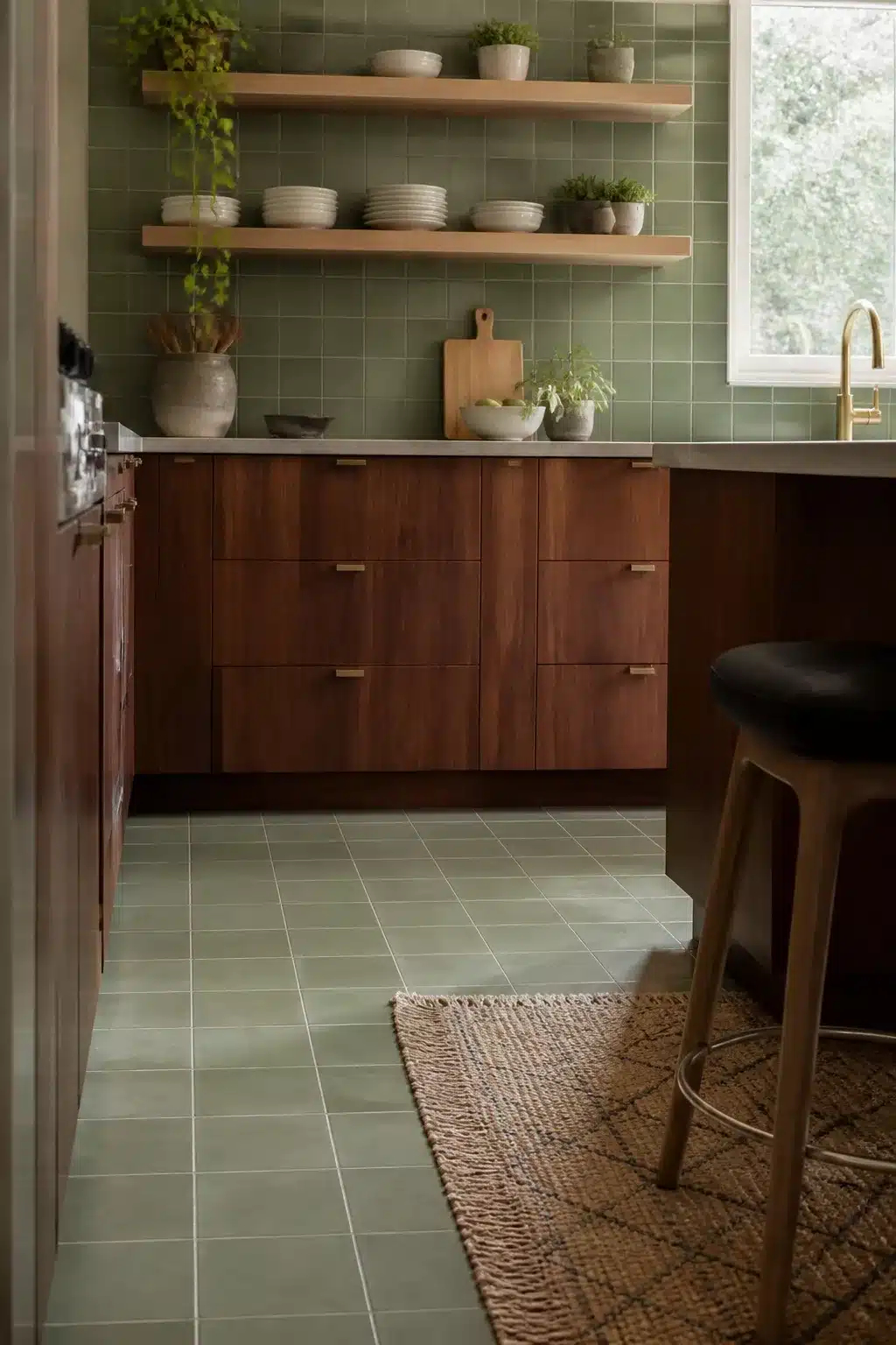 Sage green kitchen tiles on walls and floor with walnut cabinets, open shelving, and potted herbs