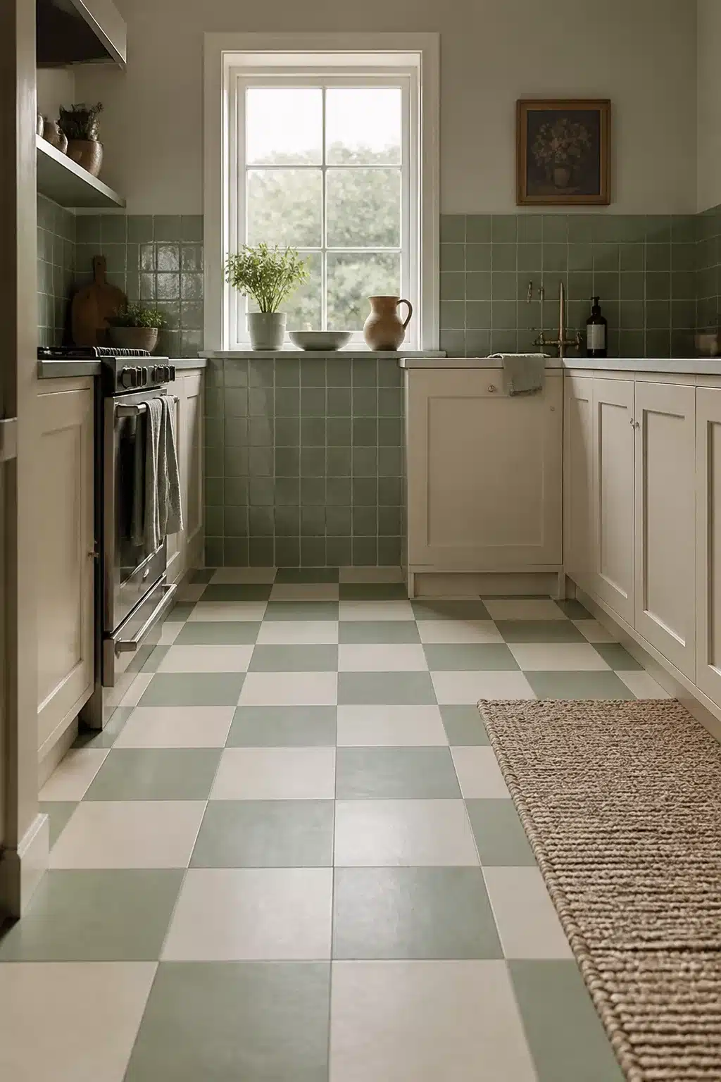 Sage green and cream checkerboard floor tiles in a kitchen with green square wall tiles and white shaker cabinets.