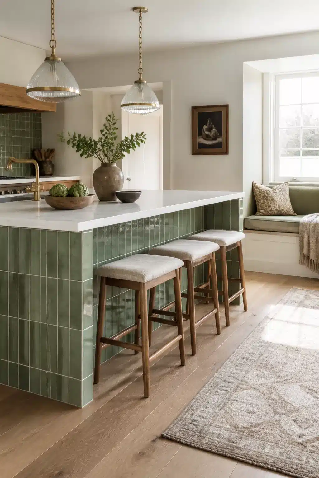 Sage green kitchen tiles laid vertically on a white quartz kitchen island with brass pendants and wood barstools