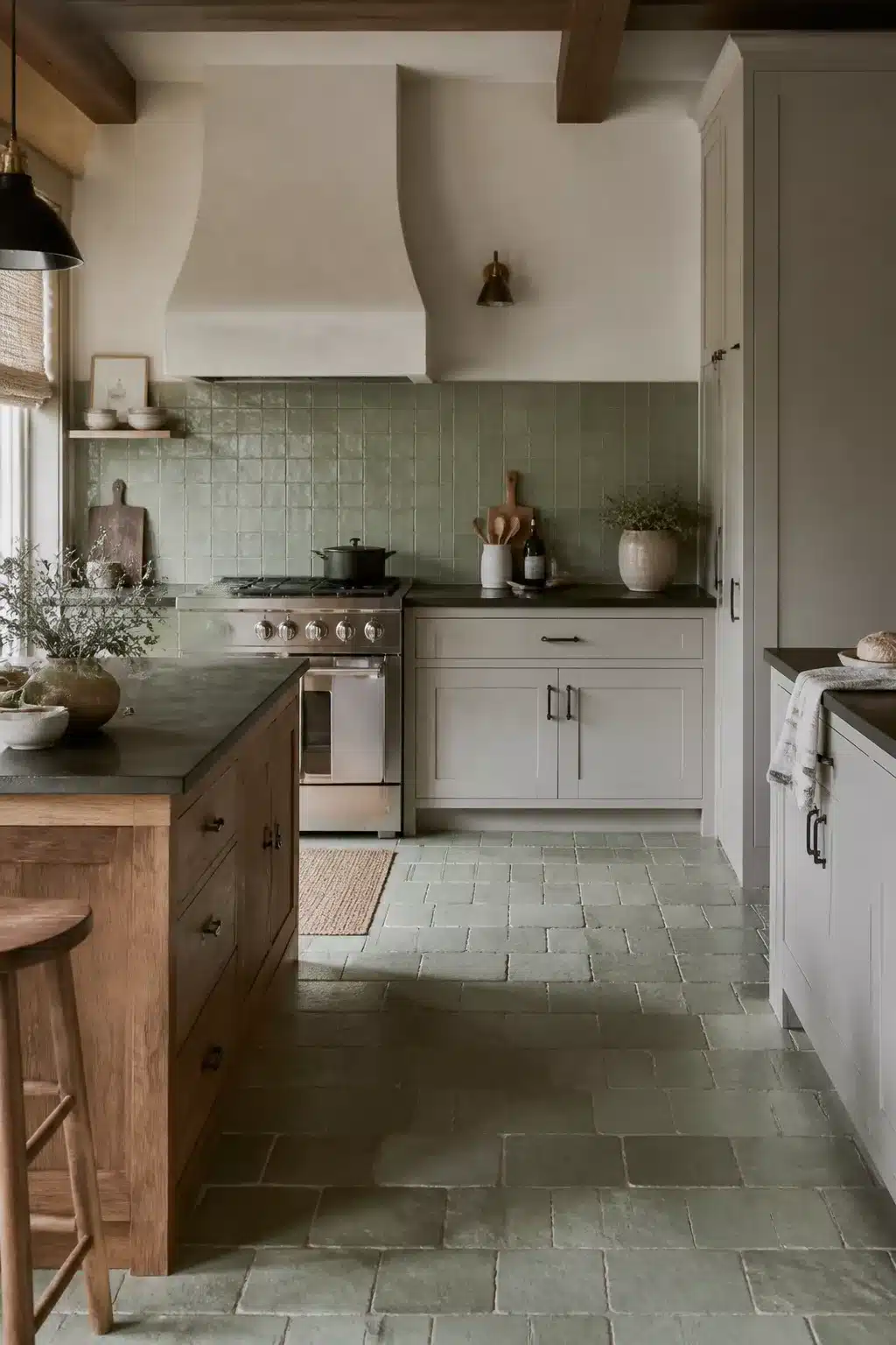 Sage green kitchen tiles on backsplash and stone floor with limewash range hood and warm oak island