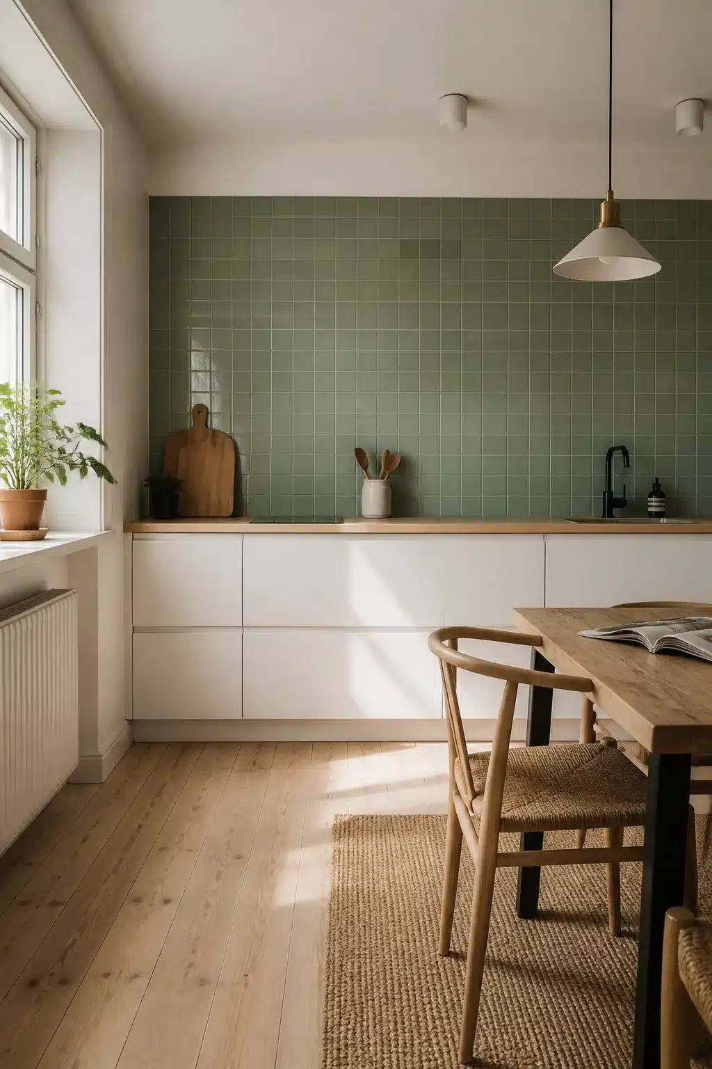 Sage green kitchen tiles on a full backsplash wall with white handle-free cabinets and wood countertop