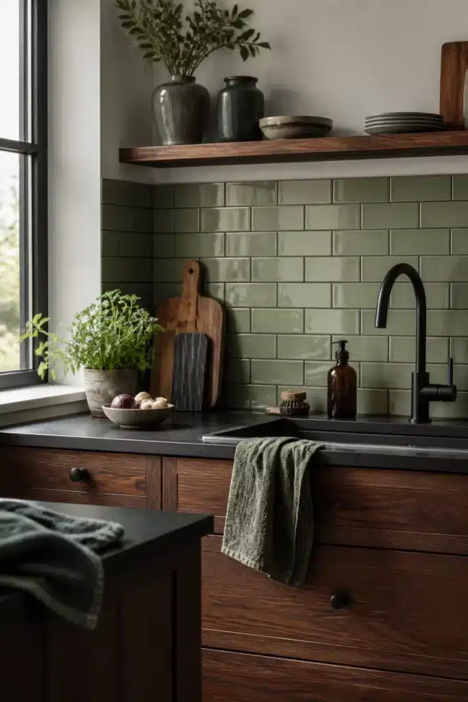 Sage green subway kitchen tiles with dark grout, dark wood cabinets, matte black faucet and floating wood shelf