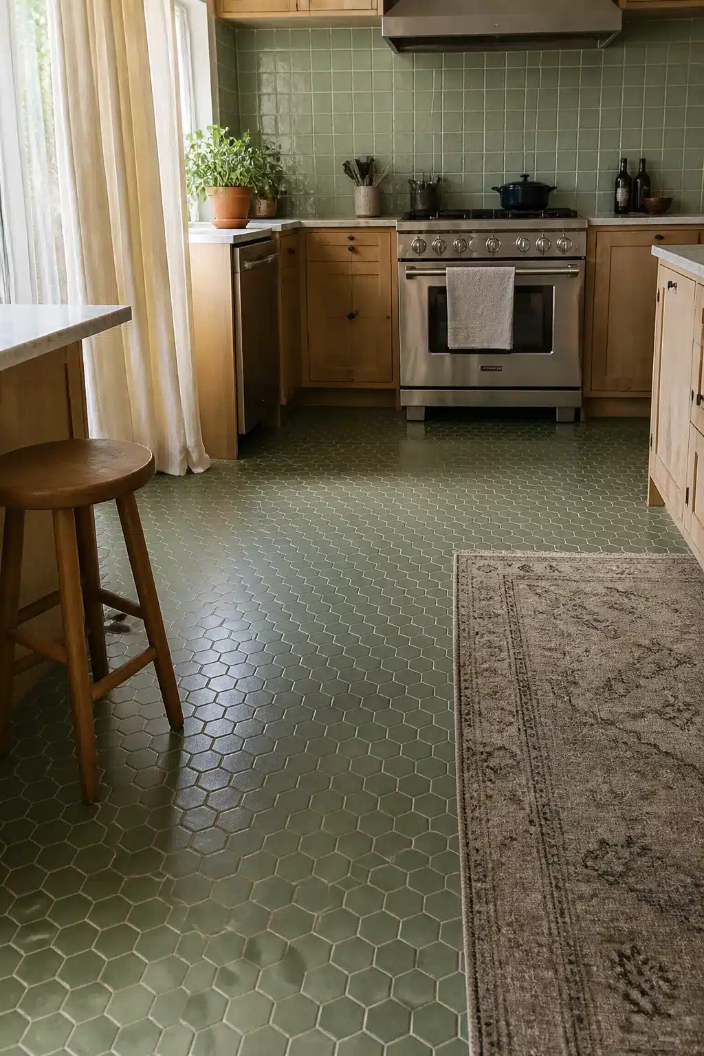Sage green hexagon floor tiles with warm wood cabinets and matching green wall tiles in a bright kitchen
