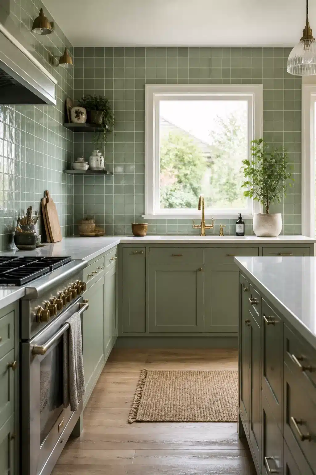 Sage green glossy square kitchen tiles with brass faucet, shaker cabinets, and white quartz countertops