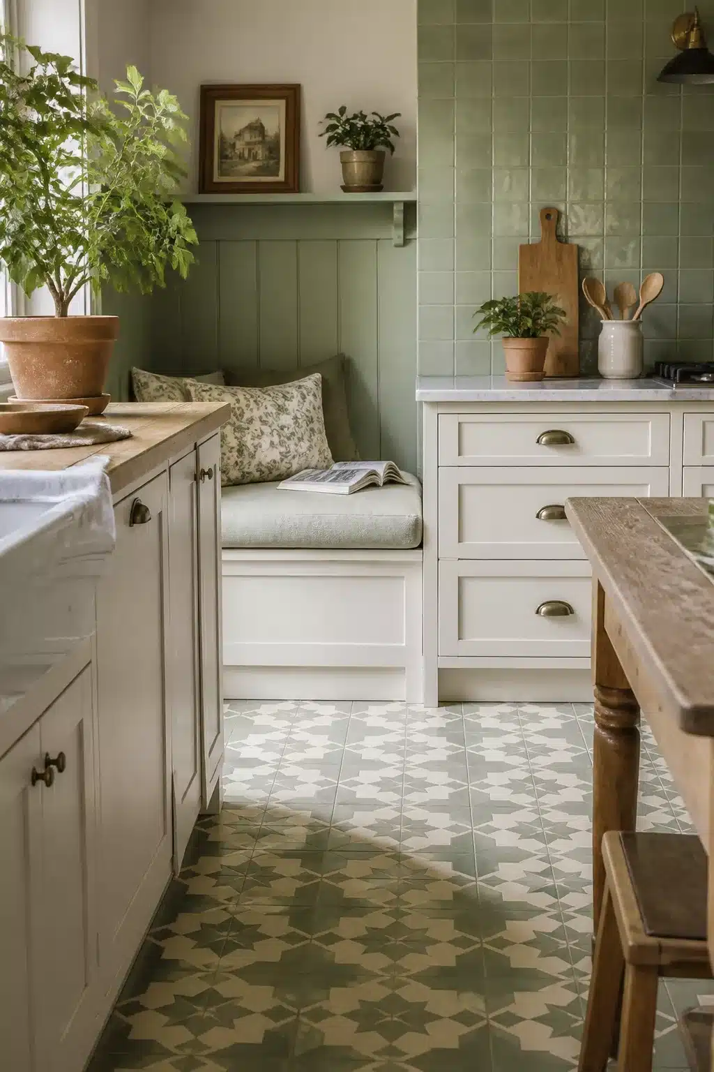 Moroccan encaustic sage green kitchen floor tiles with shaker cabinets and sage green square wall tiles