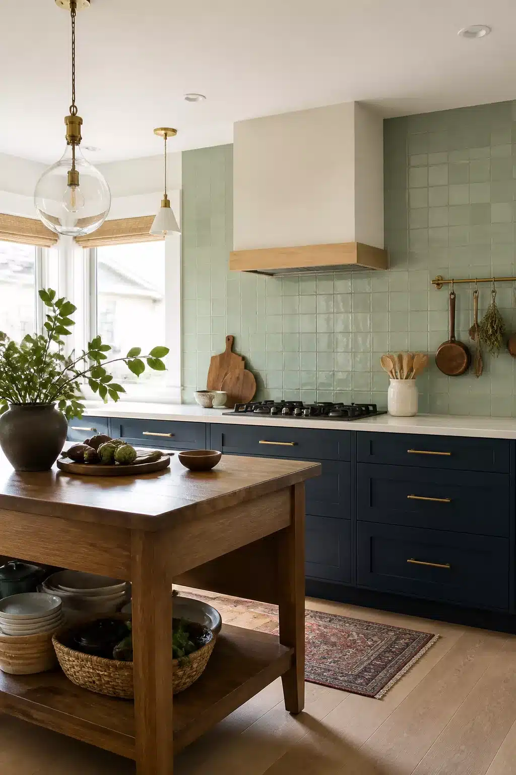 Sage green kitchen tiles with navy shaker cabinets, brass pulls, wood island, and a cream range hood