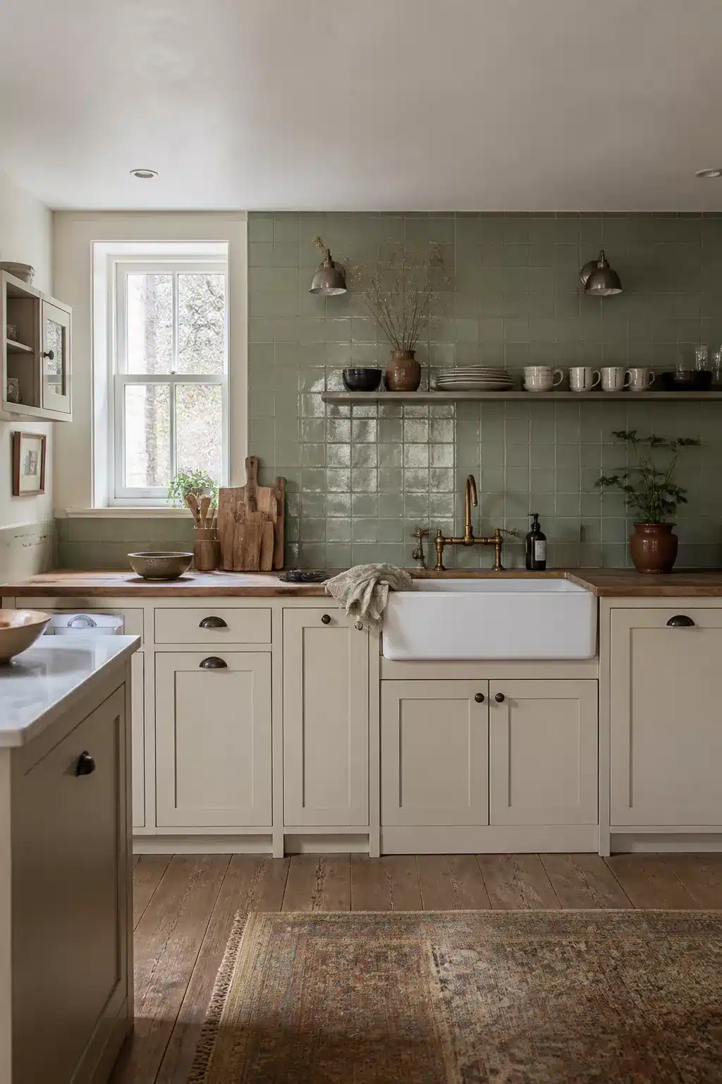 Crackle-glaze sage green kitchen tiles with farmhouse sink, butcher block counters, and cream shaker cabinets