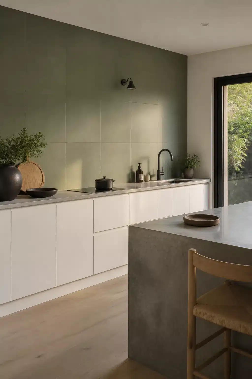 Large format sage green kitchen tiles on a full back wall with white cabinets and a concrete island