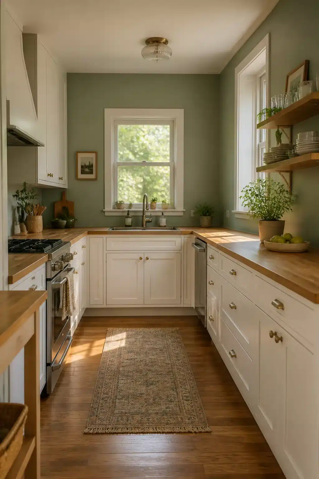 Sage green kitchen walls with white cabinets, brass hardware, butcher block countertops and hardwood floors