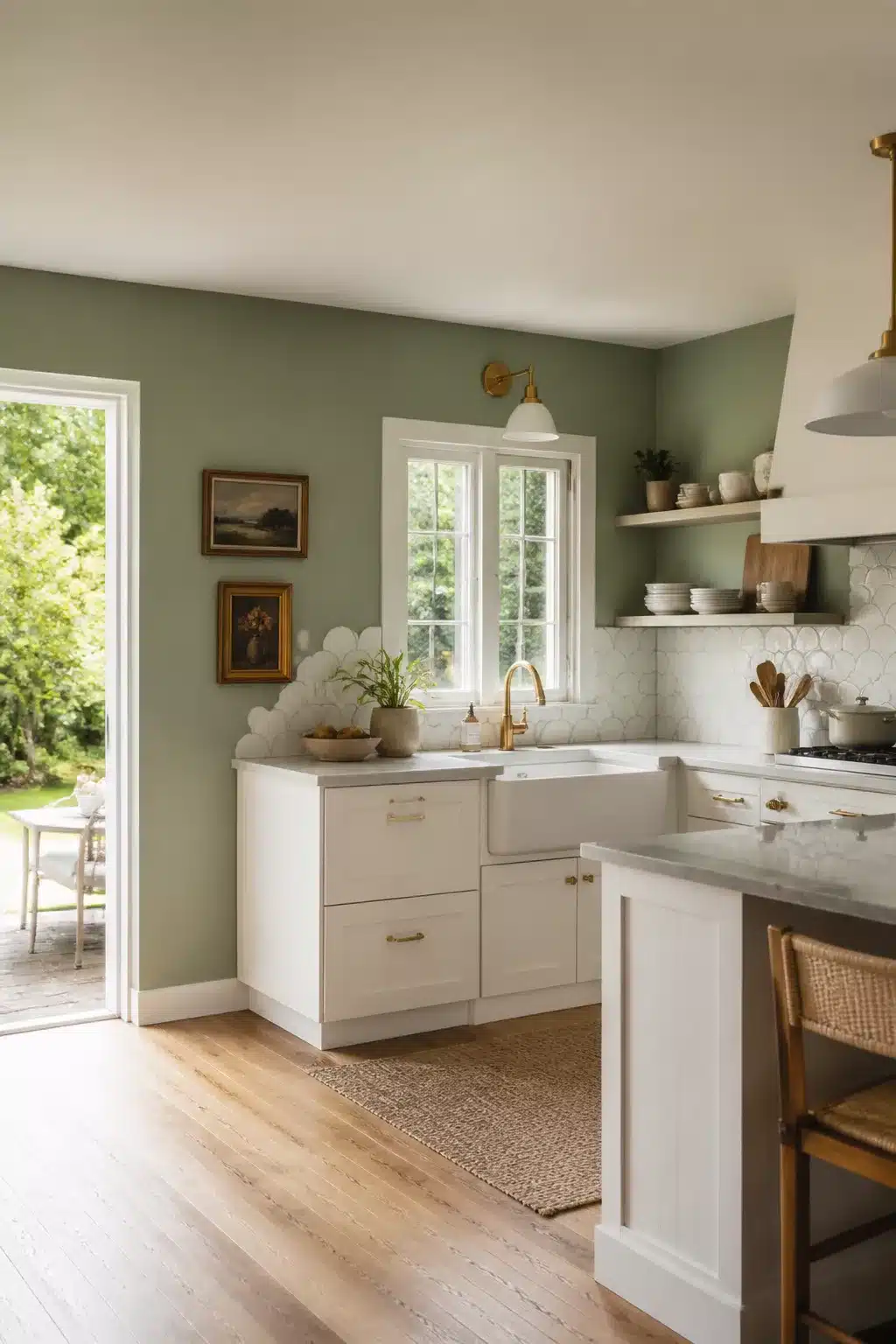 Sage green kitchen walls with white cabinets, scallop tile backsplash, farmhouse sink, and brass fixtures