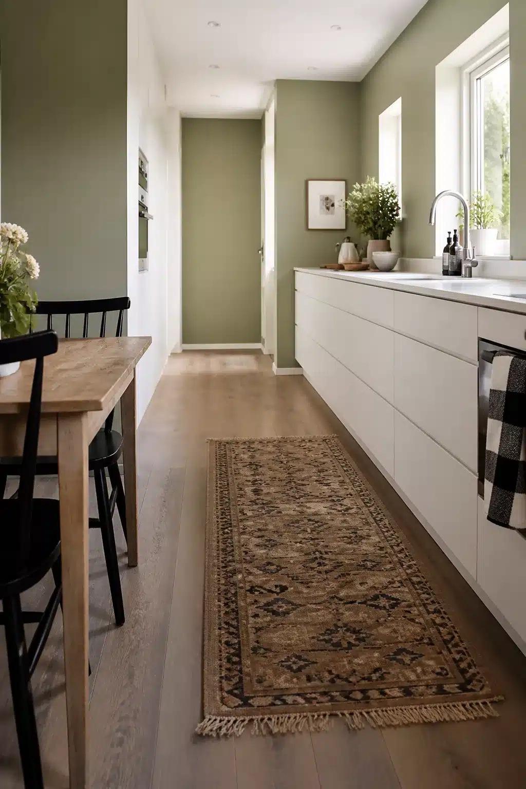 Sage green kitchen walls with white flat-front cabinets, vintage runner rug, and wide-plank wood floors in a galley layout