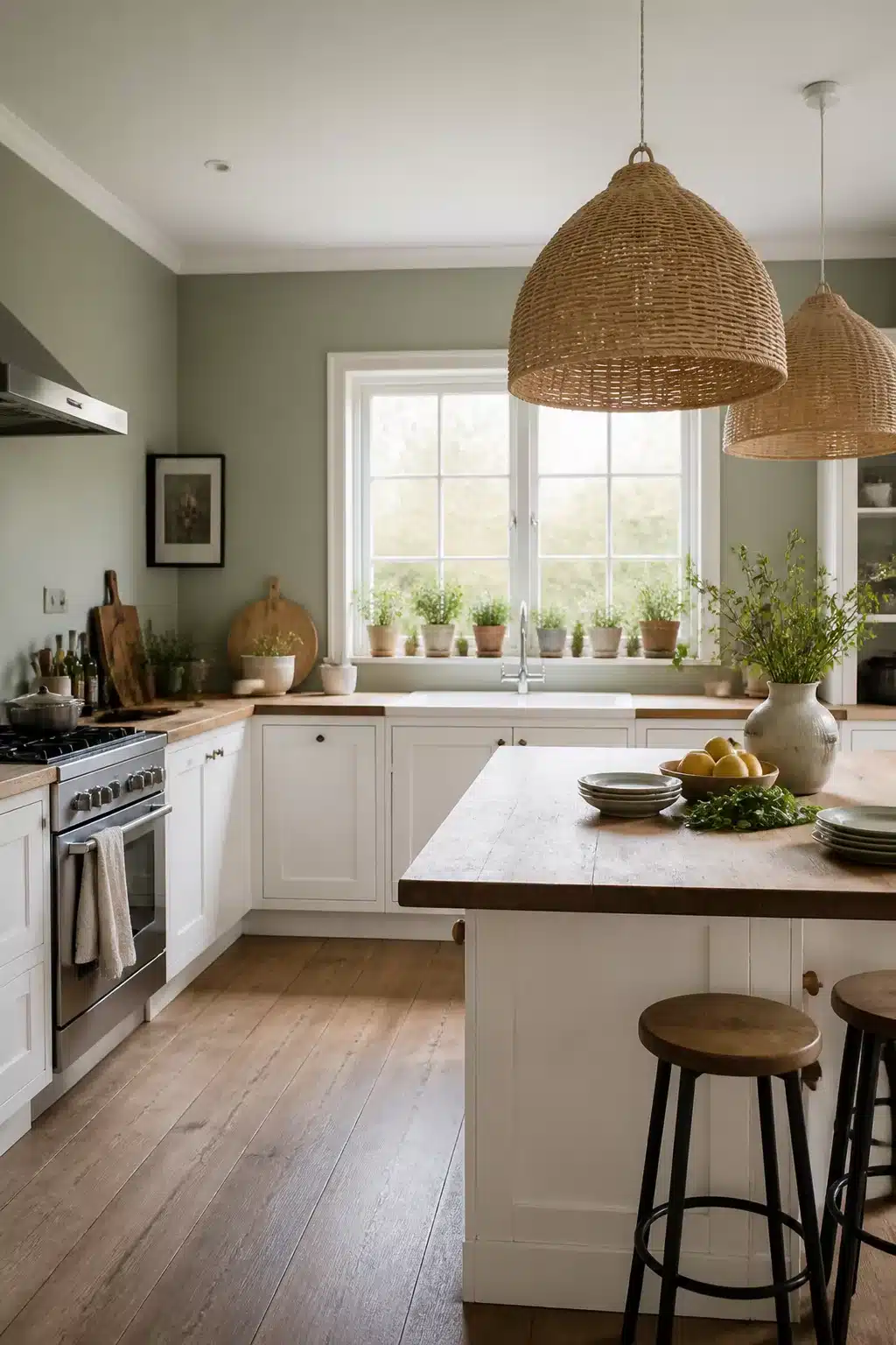 Sage green kitchen walls with white cabinets, rattan pendant lights, butcher block island, and herb-filled windowsill