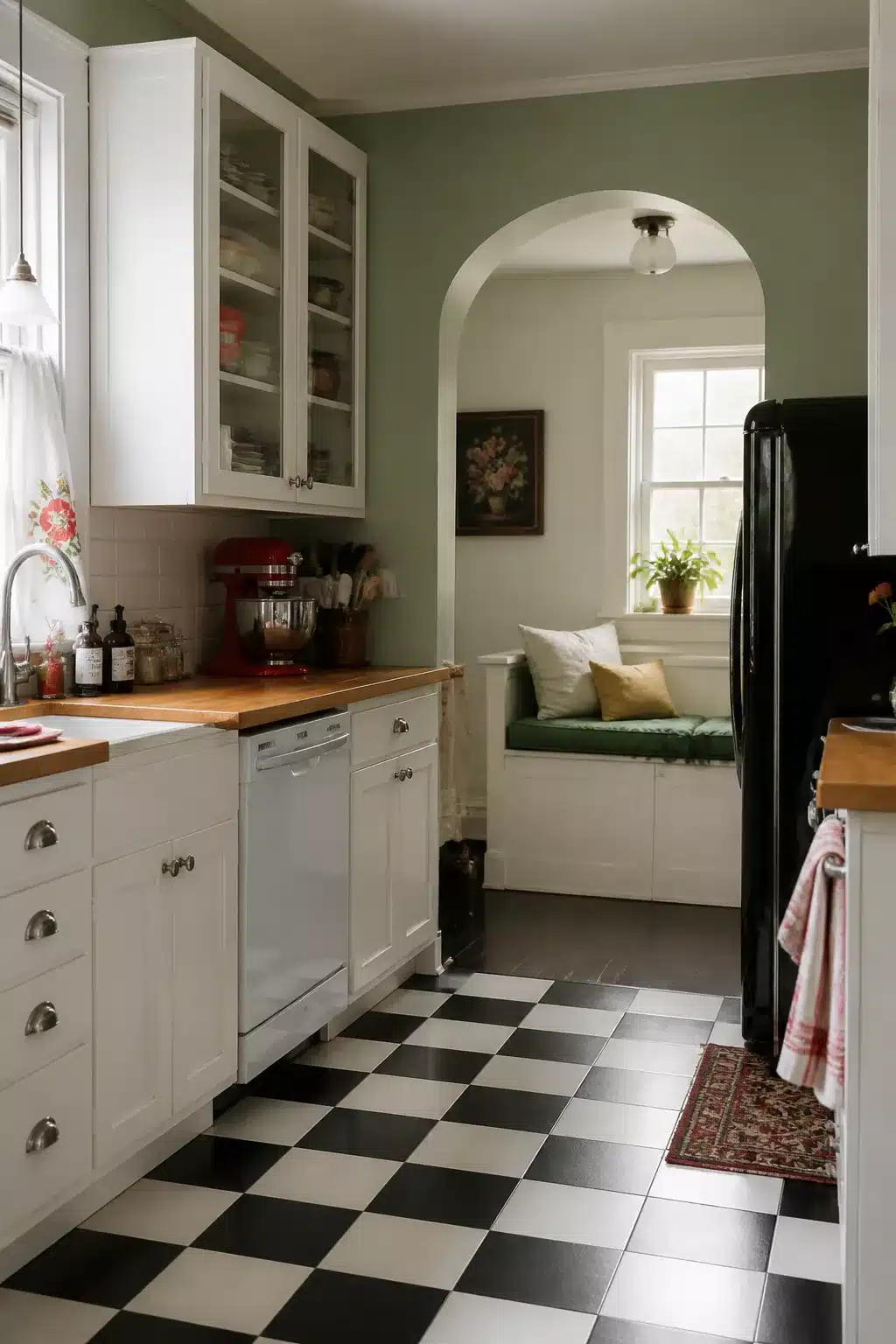 Sage green kitchen walls with white cabinets and a bold black and white checkered vinyl floor, retro galley style