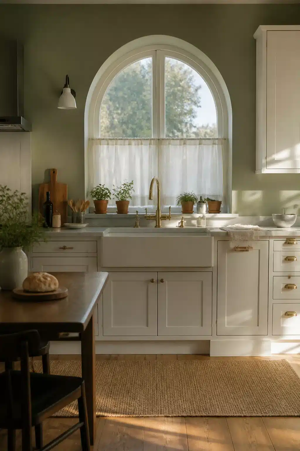 Sage green kitchen walls with white cabinets featuring an arched window, café curtains, and brass faucet over a farmhouse sink.