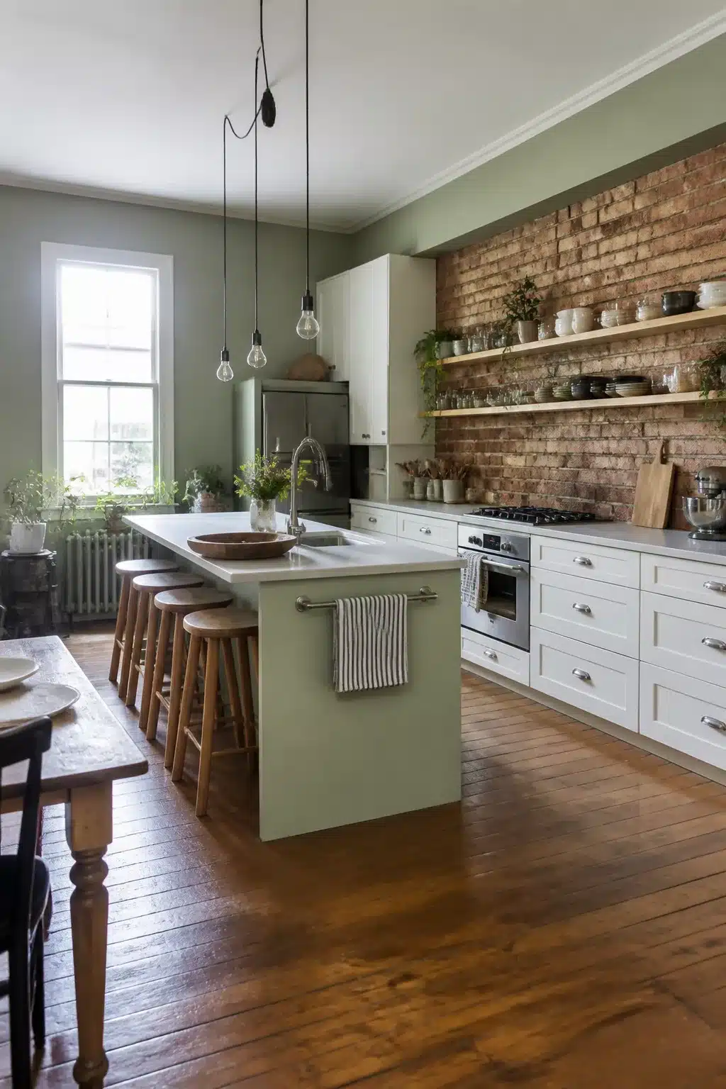 Sage green kitchen walls with white cabinets, exposed brick accent wall, open shelves, and sage green island