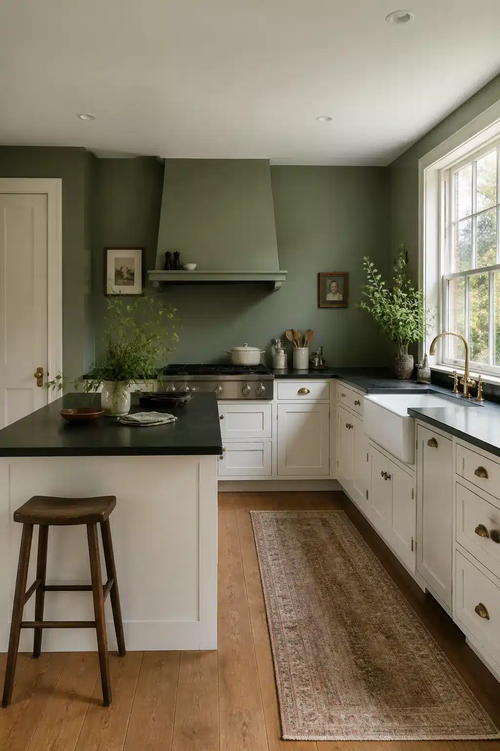 Sage green kitchen walls with white cabinets, dark soapstone countertops, brass faucet, and warm wood floors.
