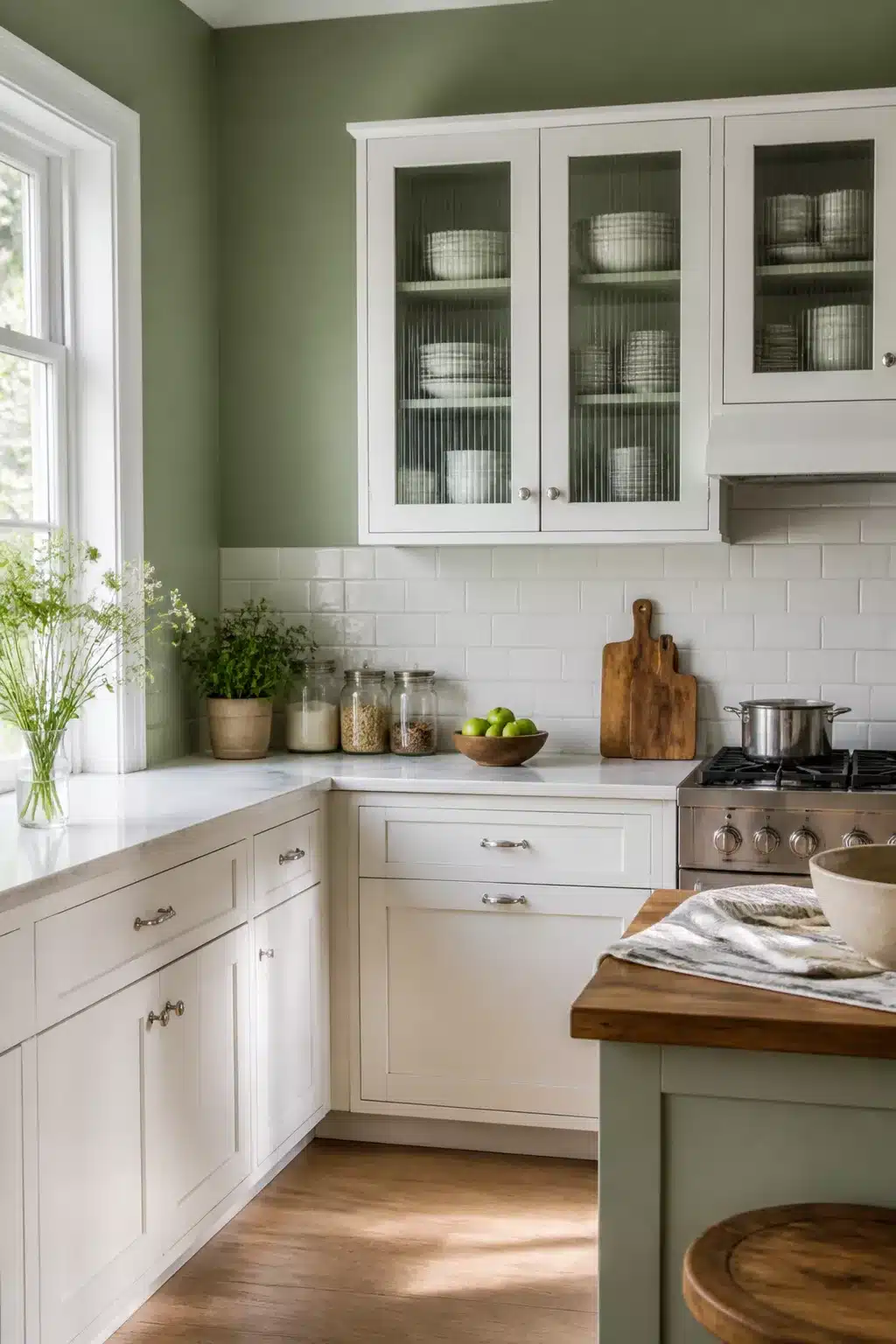 Sage green kitchen walls with white cabinets featuring ribbed glass-front upper cabinets and white quartz countertops