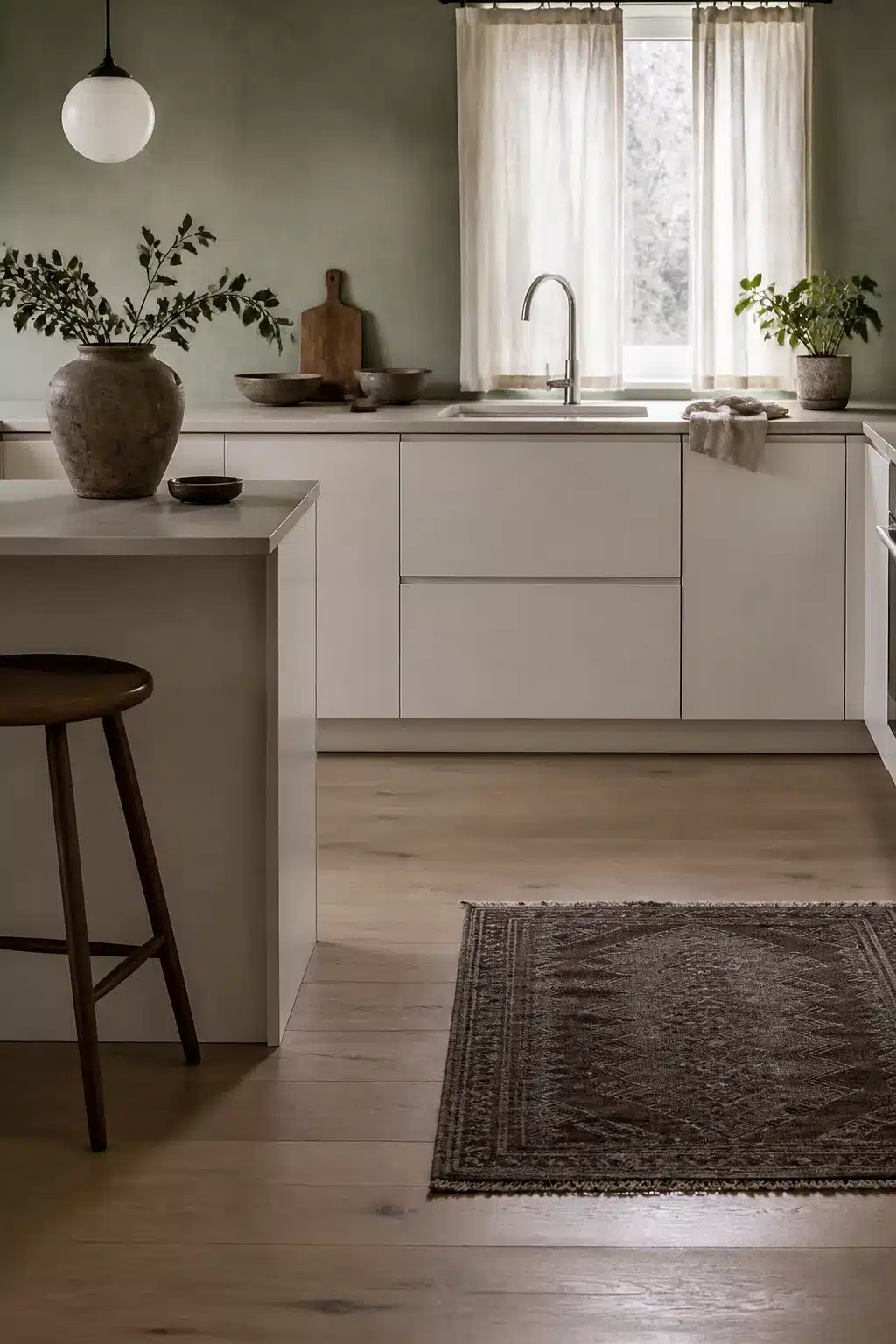 Sage green kitchen walls with white cabinets, limewash wall texture, light oak floor, ceramic vase styling