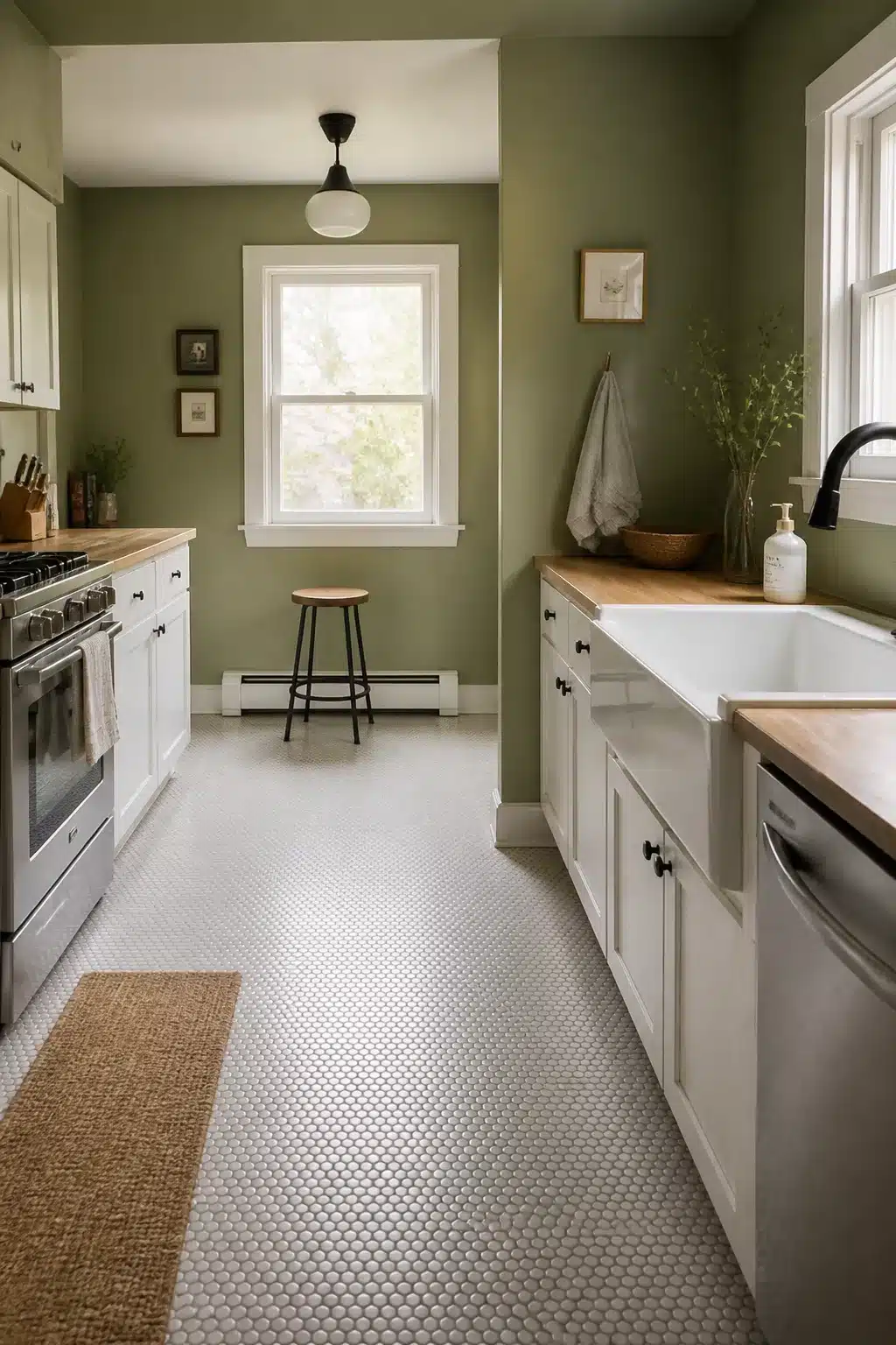 Sage green kitchen walls with white cabinets, penny tile floor, wood countertops, and matte black hardware in a galley layout.