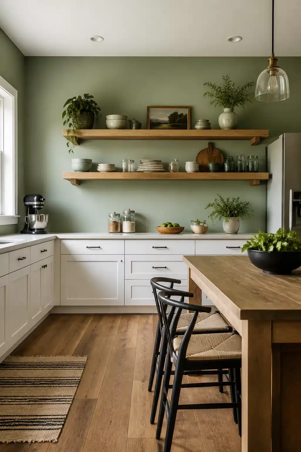 Sage green kitchen walls with white cabinets, open wood floating shelves, and black wishbone chairs at a wood island.