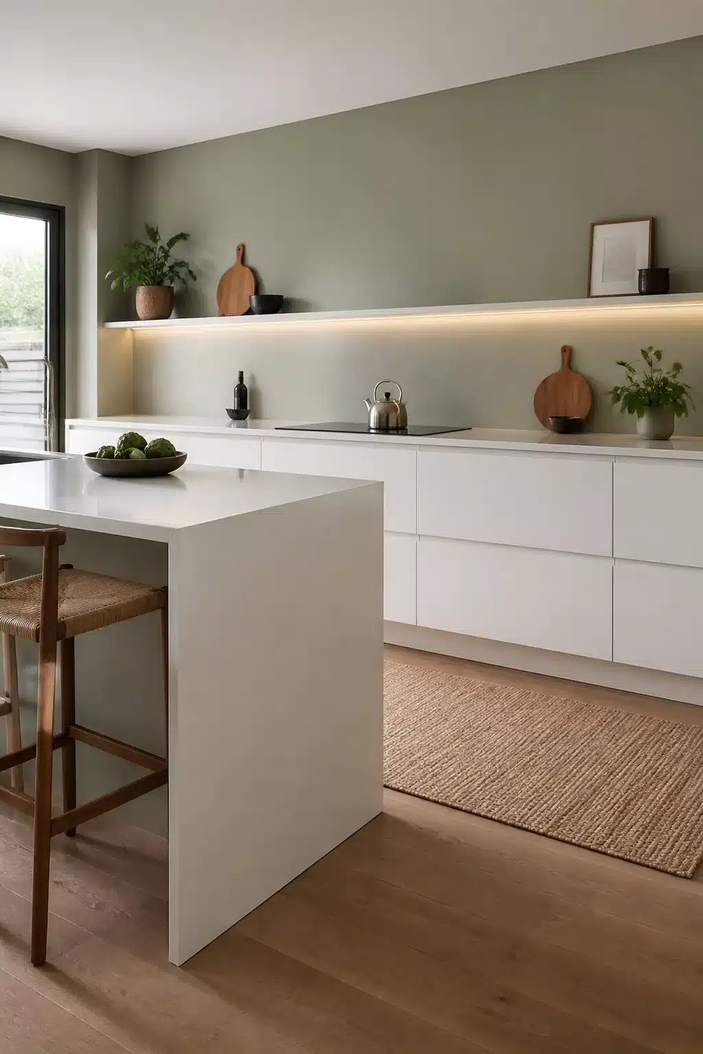 Sage green kitchen walls with white flat-front cabinets, LED shelf lighting, jute rug, and light oak floors.