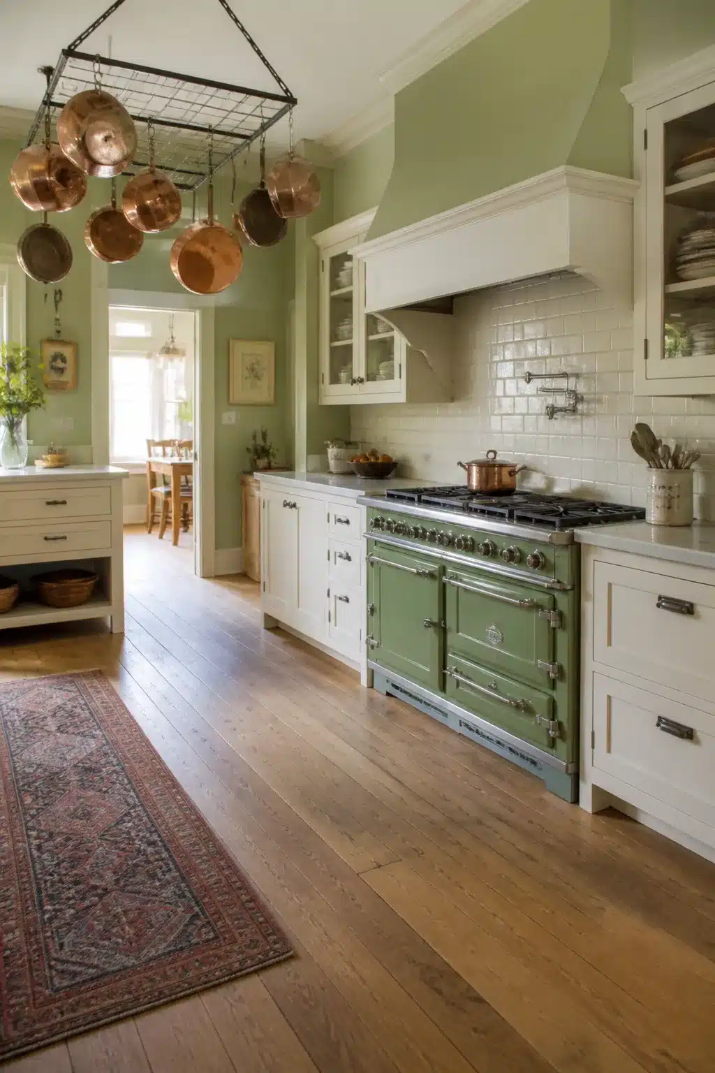 Sage green kitchen walls with white cabinets, green enamel range, copper pots, and wide plank oak floors