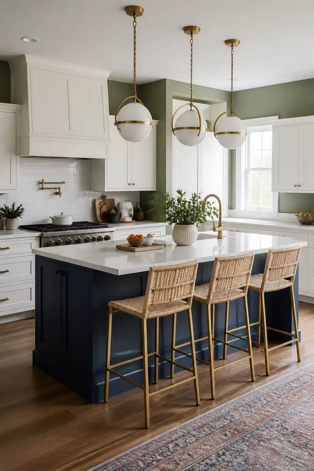 Sage green kitchen walls with white cabinets, navy blue island, brass globe pendants, and rattan barstools
