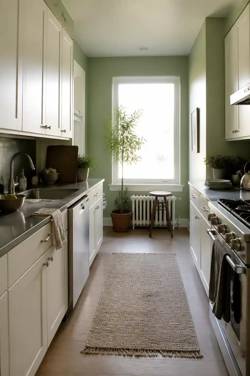 Sage green kitchen walls with white cabinets in a narrow galley, gray counters, jute runner, and tall window