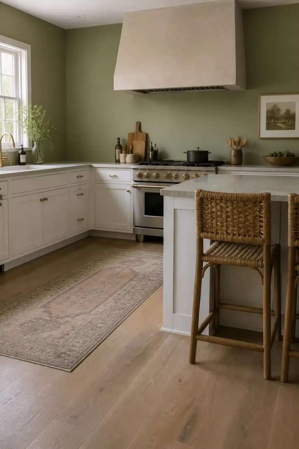 Sage green kitchen walls with white cabinets, raw plaster range hood, rattan barstools, and wide-plank wood floors
