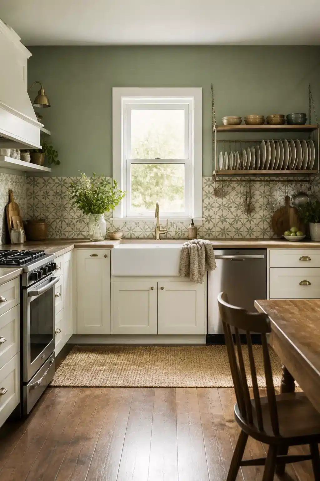 Sage green kitchen walls with white cabinets, patterned cement tile backsplash, farmhouse sink, and wood countertops.