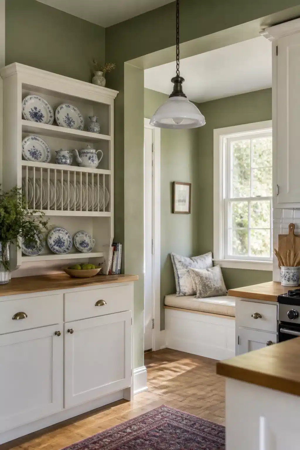 Sage green kitchen walls with white cabinets featuring a built-in plate rack displaying blue-and-white transfer-ware