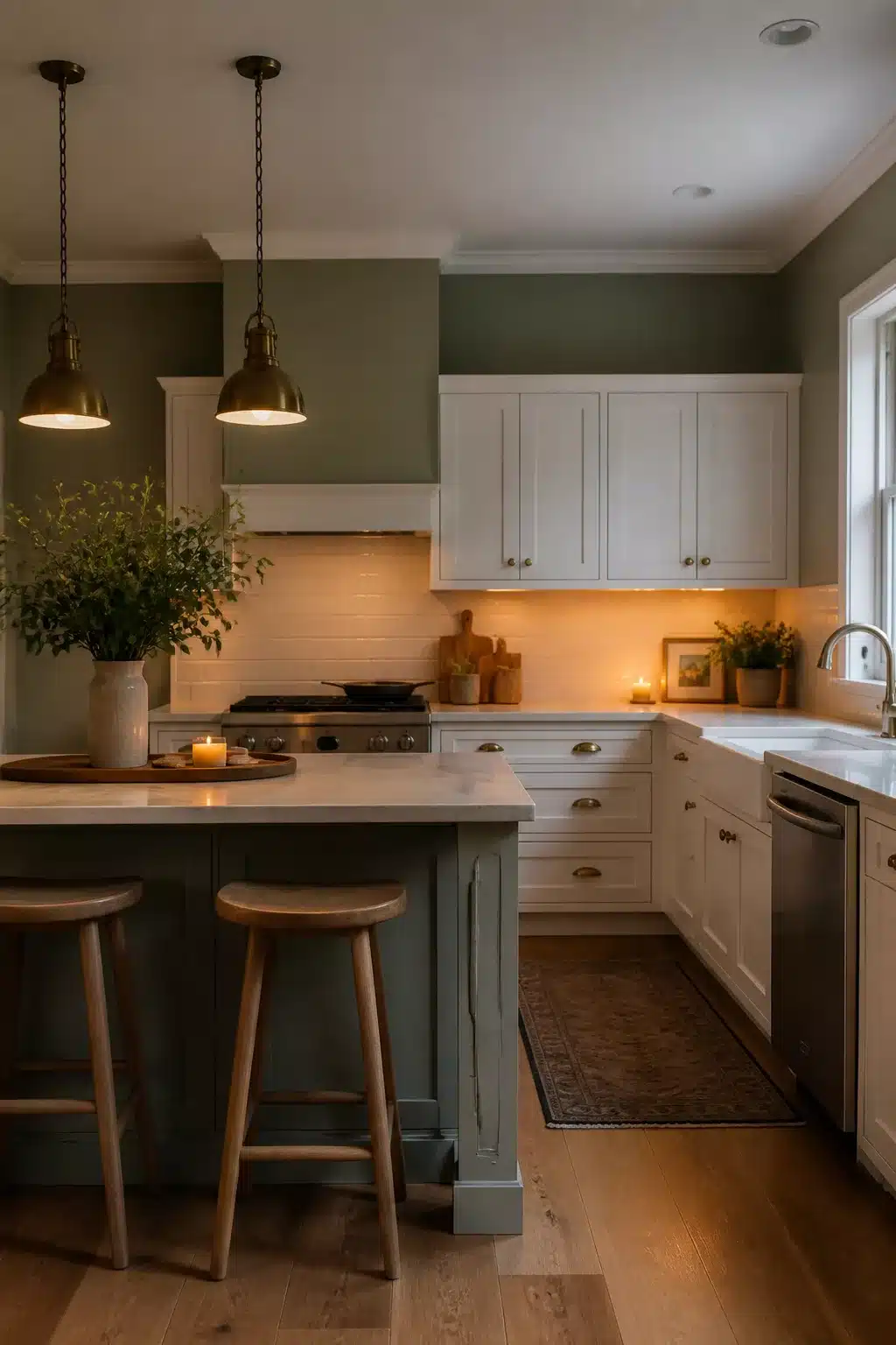 Sage green kitchen walls with white cabinets lit by brass dome pendants and warm candlelight at dusk