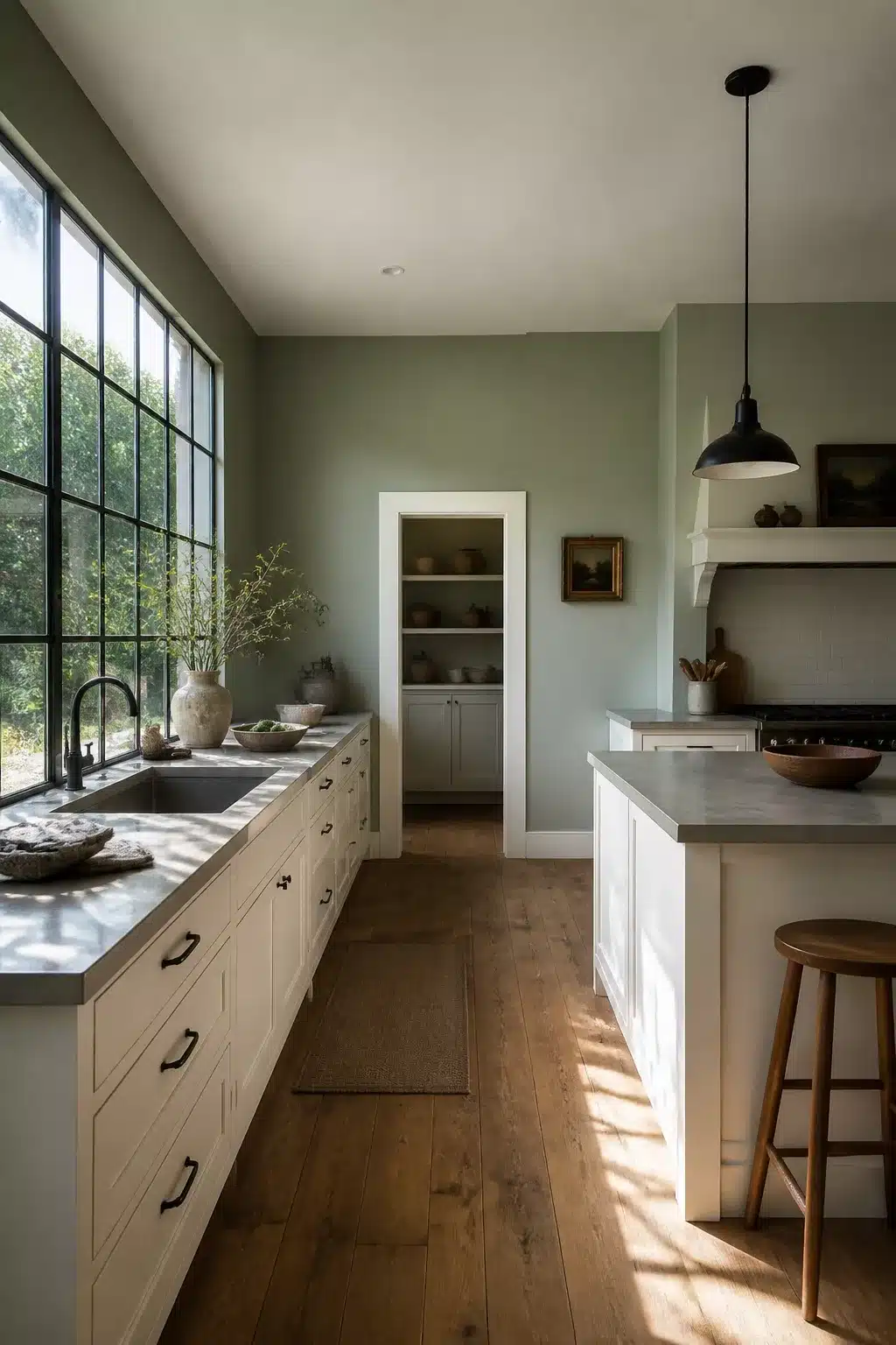 Sage green kitchen walls with white cabinets, black steel-frame windows, concrete counters, and wide plank wood floors