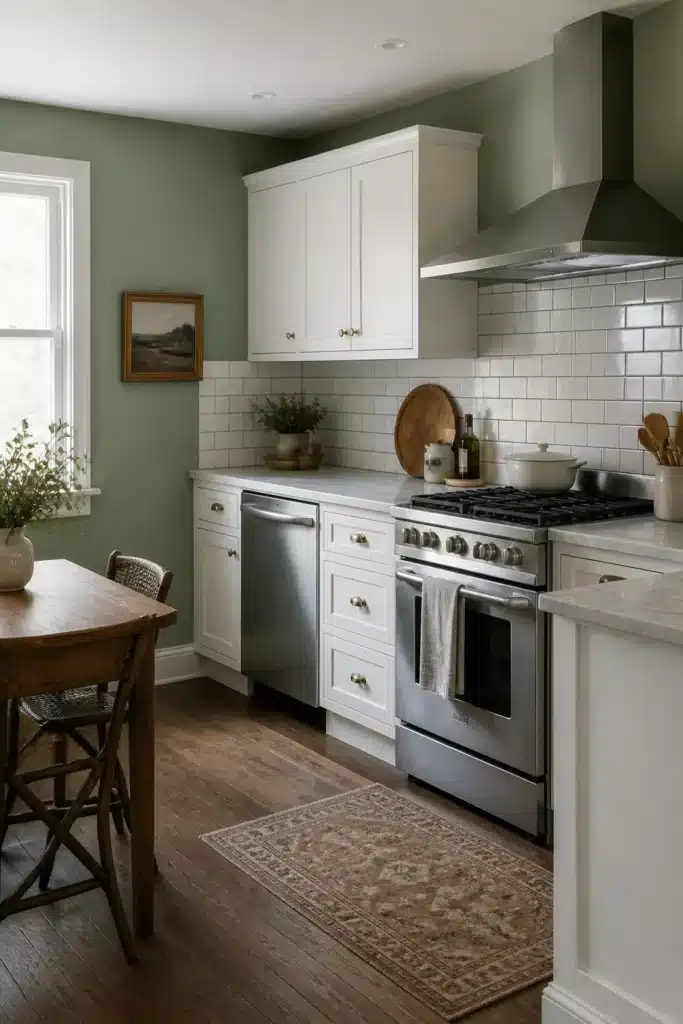 Sage green kitchen walls with white cabinets, classic white subway tile backsplash, stainless range, warm wood floors