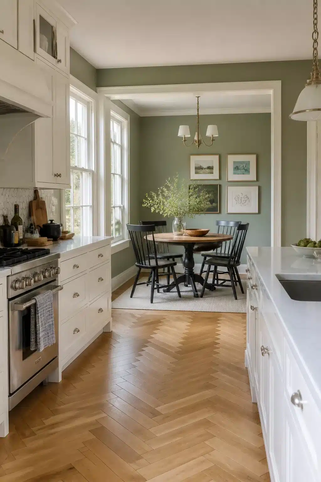 Sage green kitchen walls with white cabinets and herringbone parquet floor opening to a cozy dining nook.